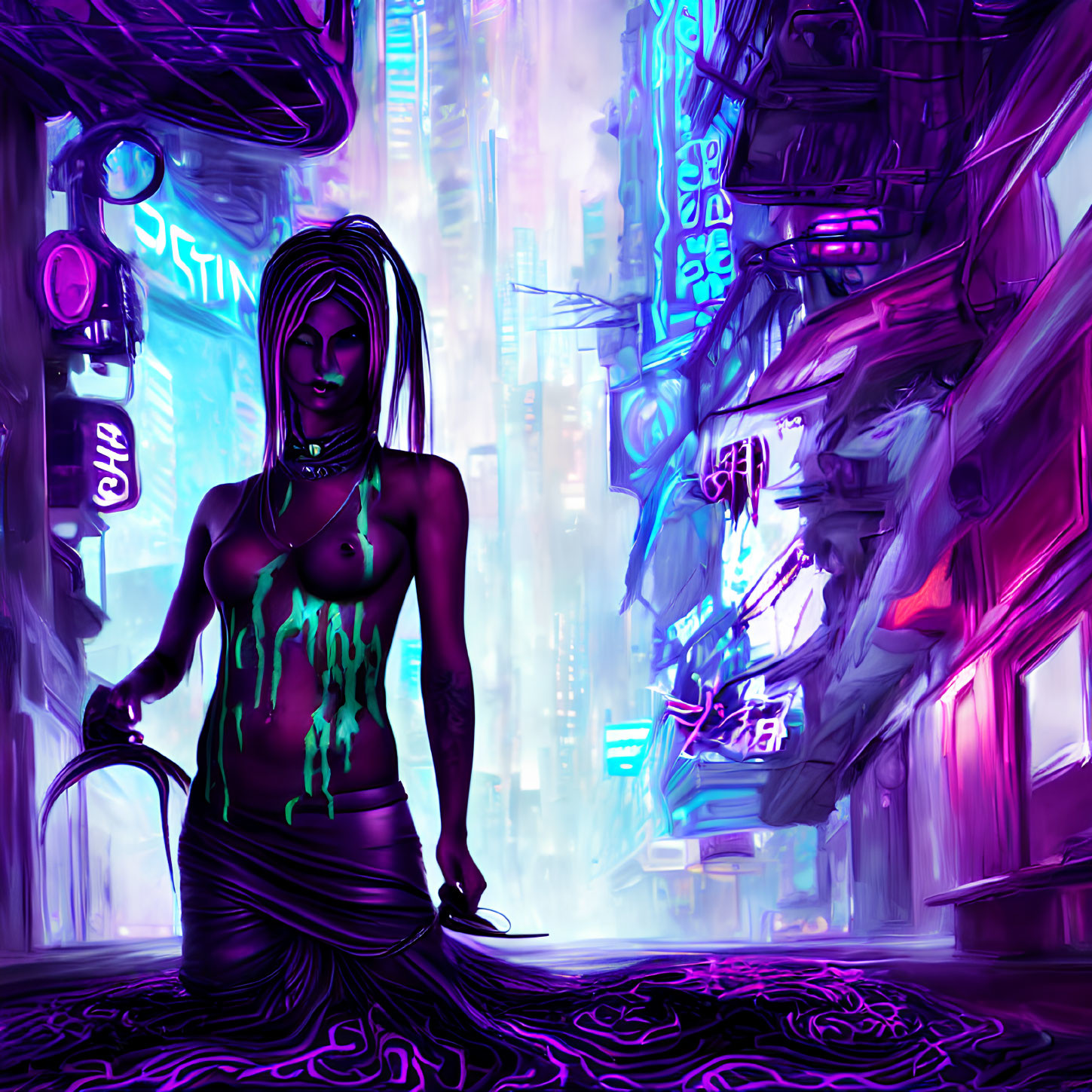 Glowing green neon tattoos on woman in futuristic city alley