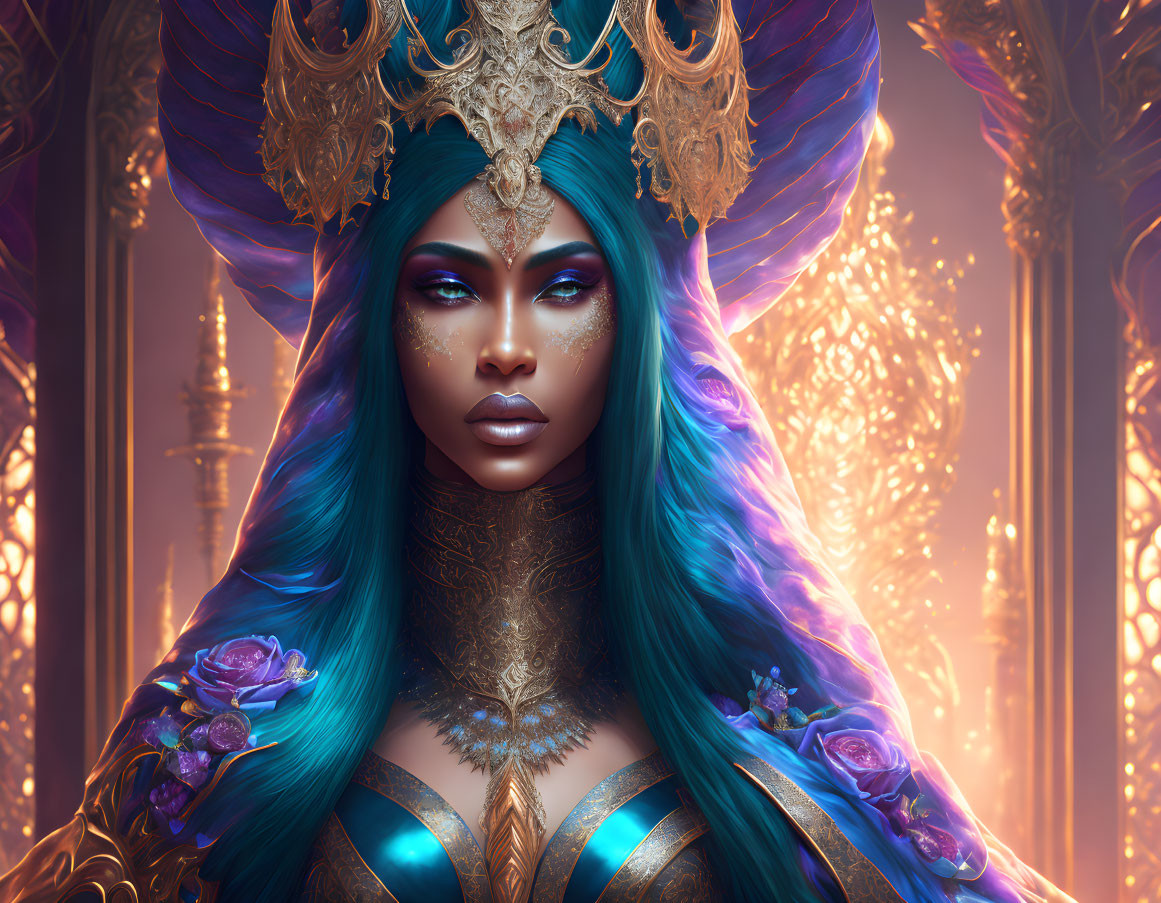 Blue-skinned fantasy figure in ornate dress with golden headwear against golden backdrop