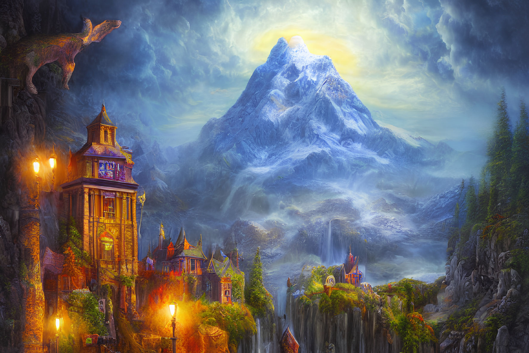 Majestic mountain peak in fantasy landscape at dusk