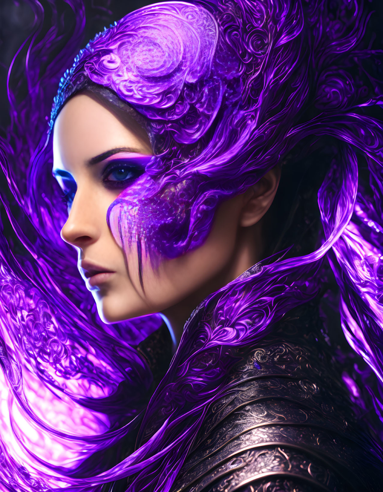 Purple Fantasy Woman with Ornate Features and Swirling Patterns in Vivid Sculptural Mane