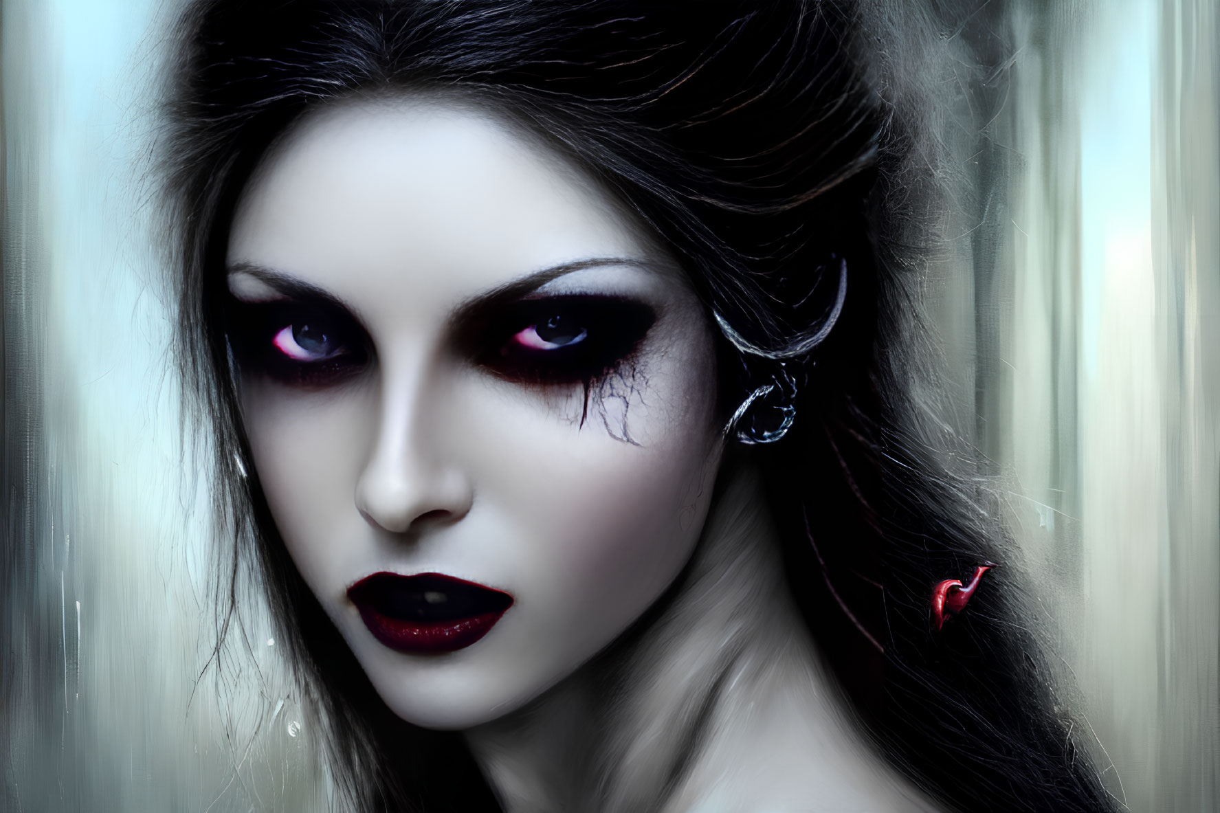 Portrait of woman with pale skin, purple eyes, dark lipstick, gothic style, earring,