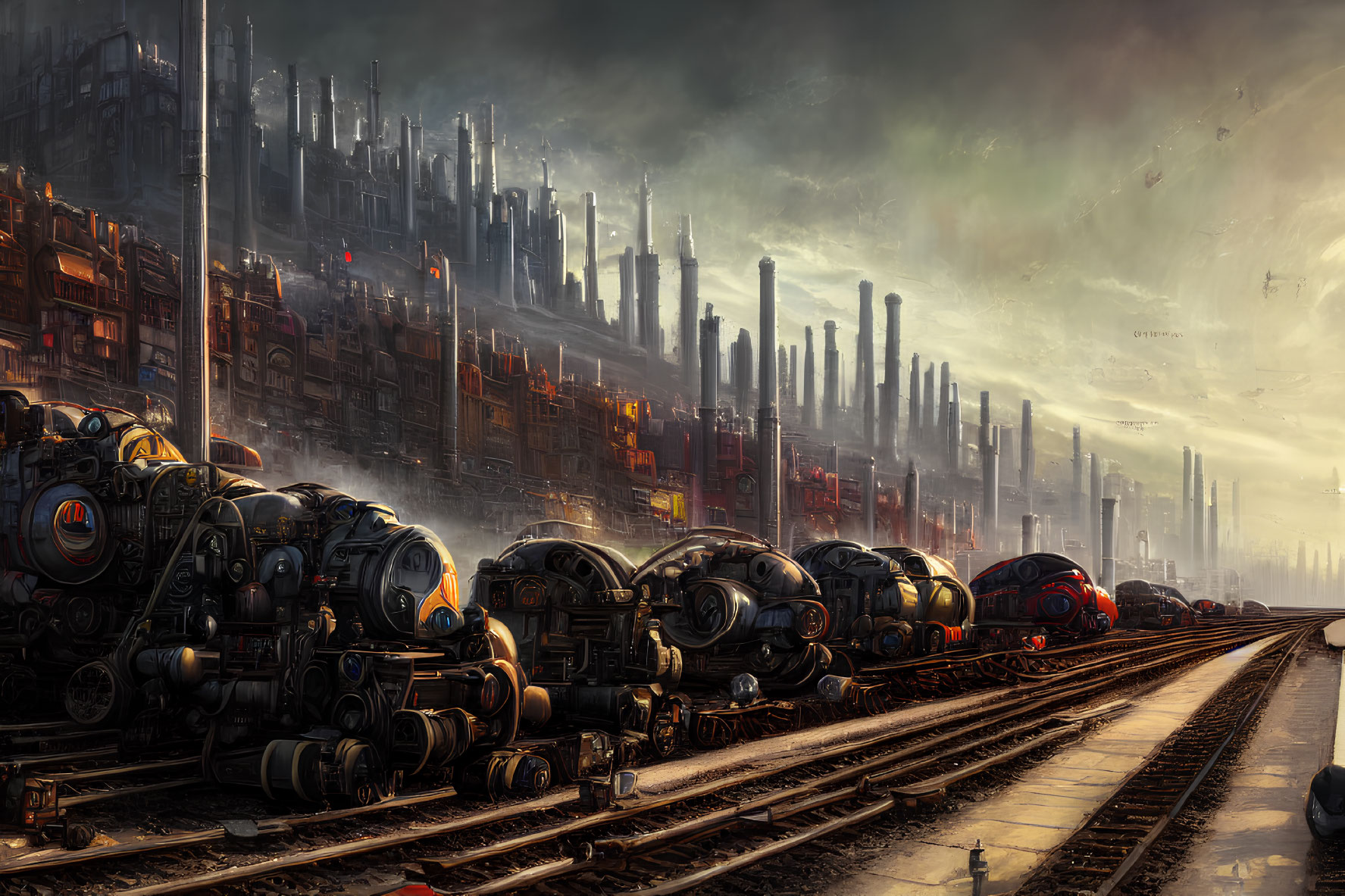 Dystopian landscape with armored locomotives and industrial factories