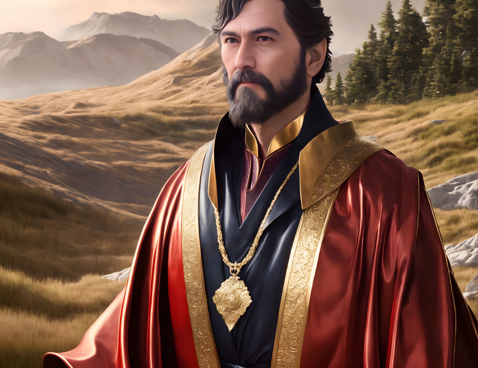 Bearded man in red and gold cloak against mountain backdrop