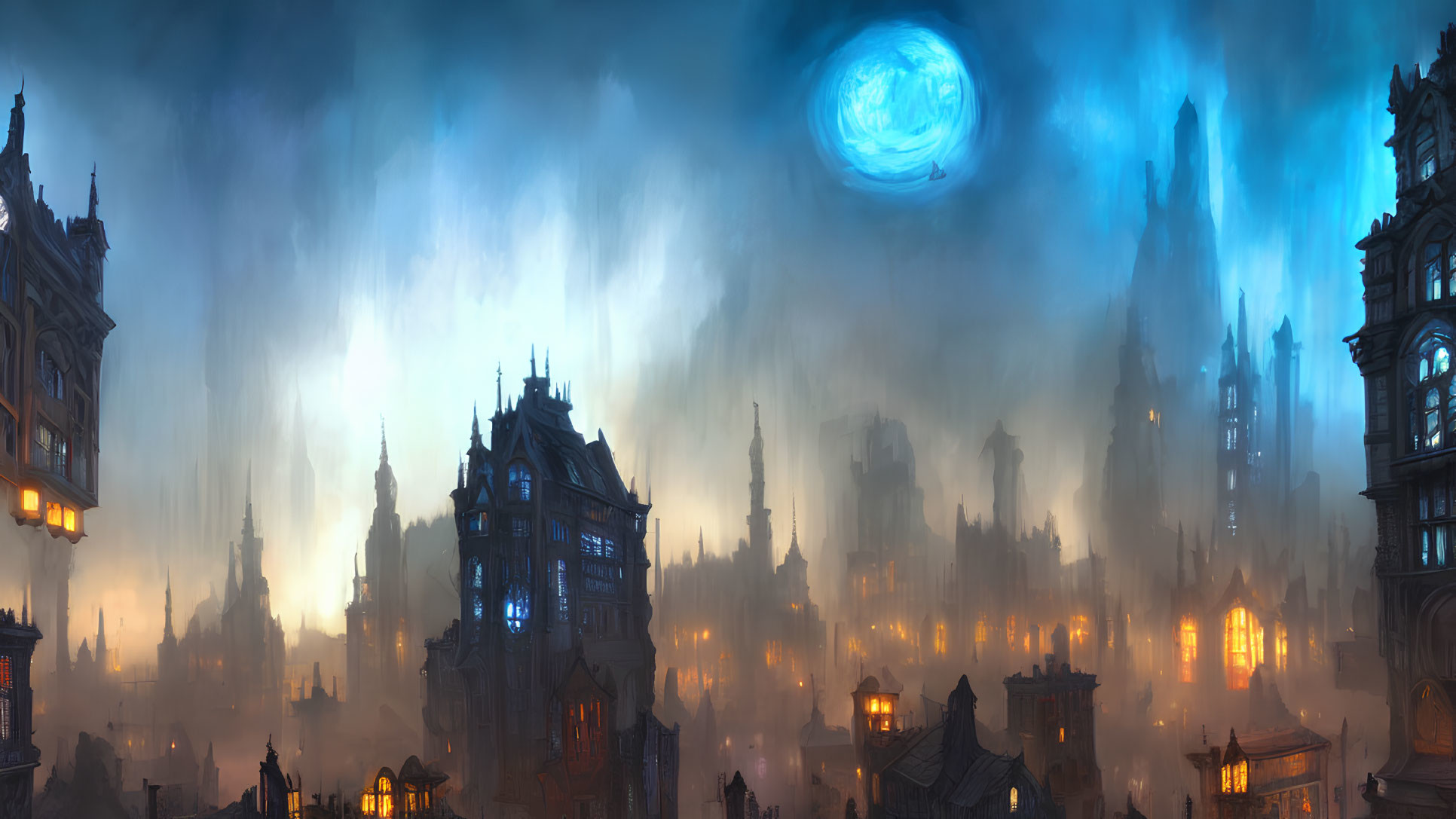 Panoramic fantasy cityscape with illuminated windows and swirling blue portal