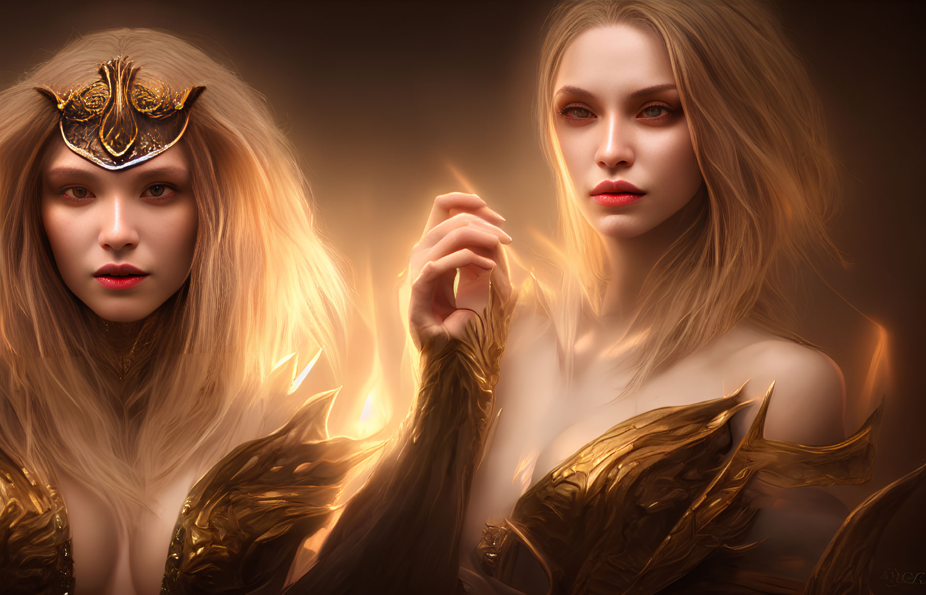 Two women with striking features in golden crown and armor in warm ambiance