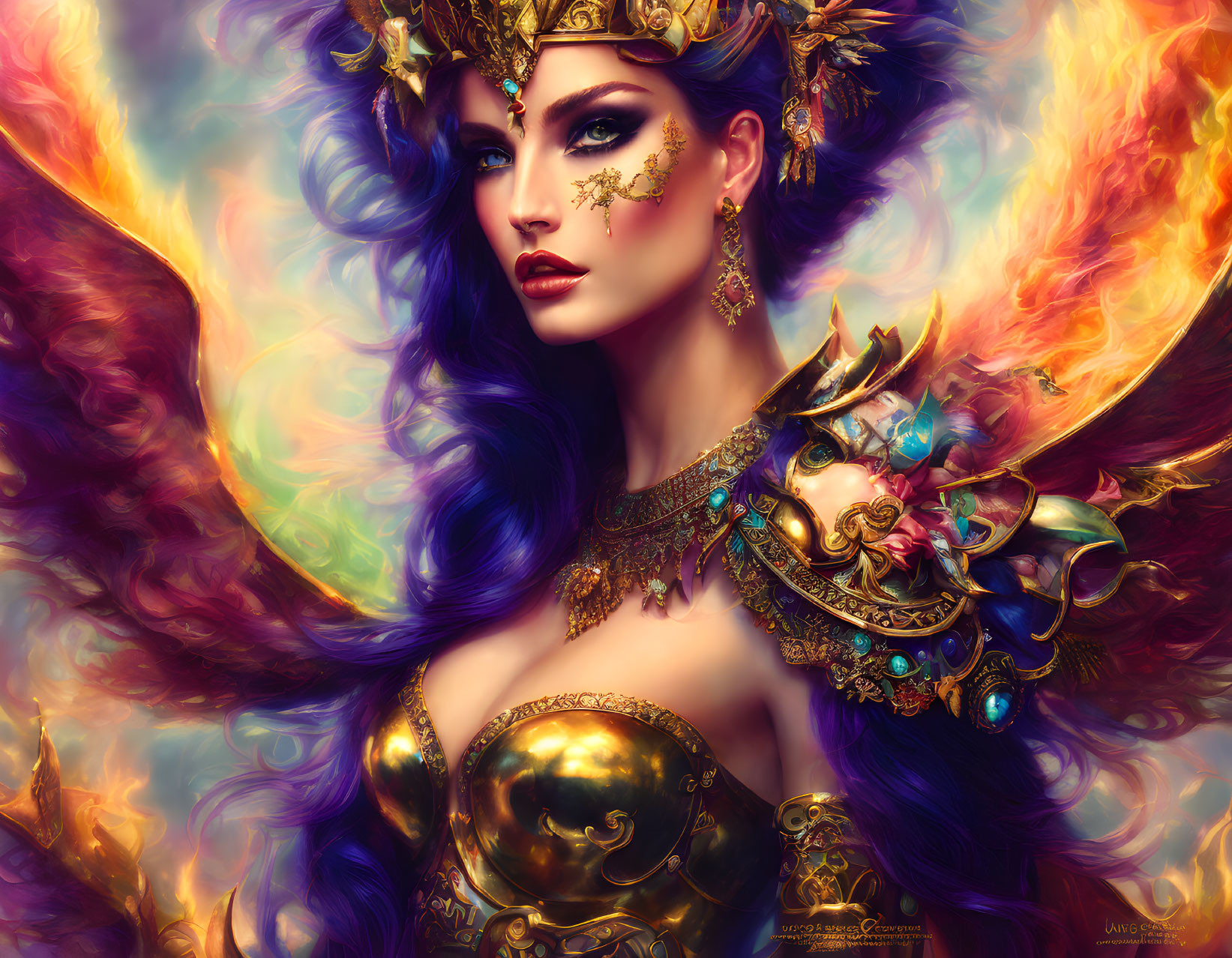 Fantastical female figure with violet hair and ornate golden armor and headpiece.