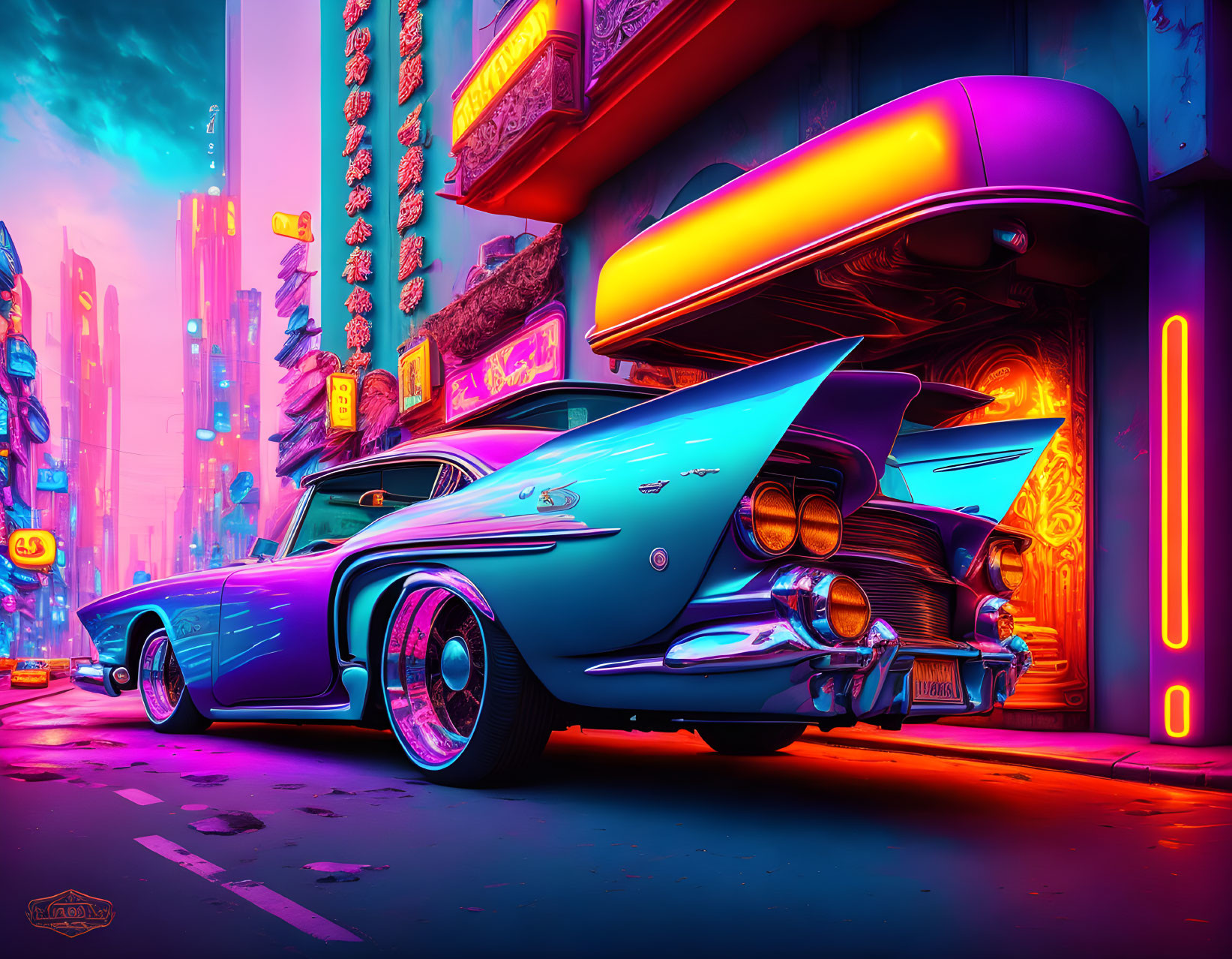 Neon-lit street scene with classic blue car and retro-futuristic ambiance