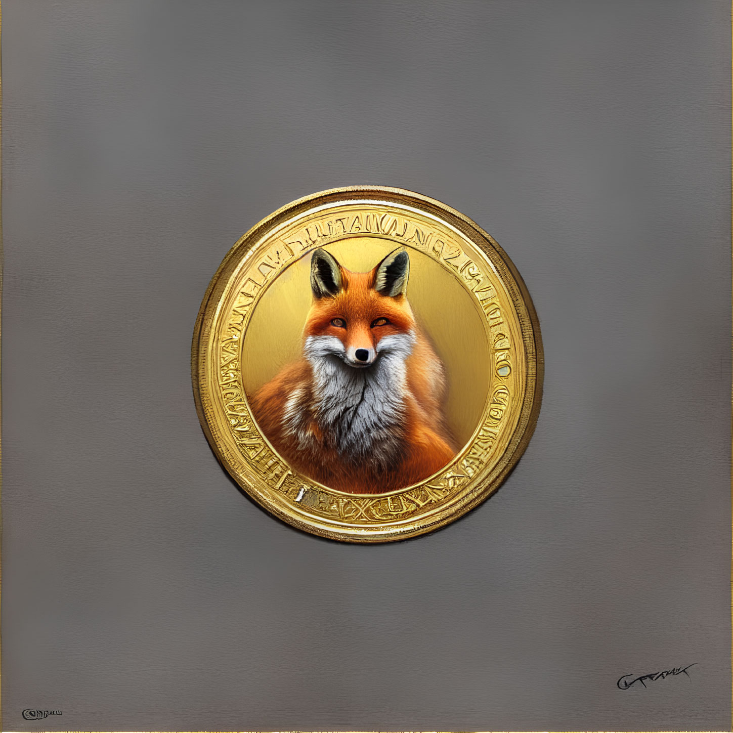 Vibrant fox face in golden circle with text and patterns