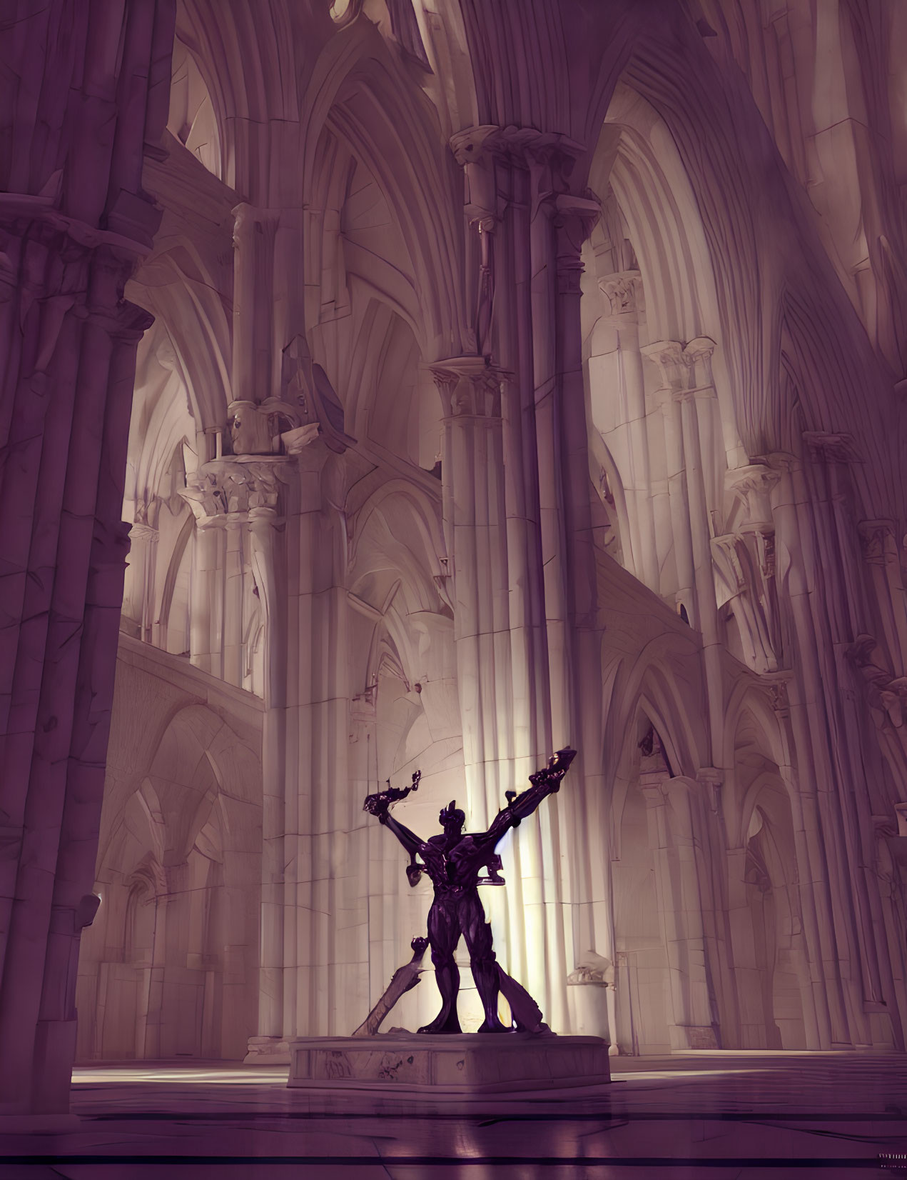 Gothic cathedral statue in soft light and stained glass