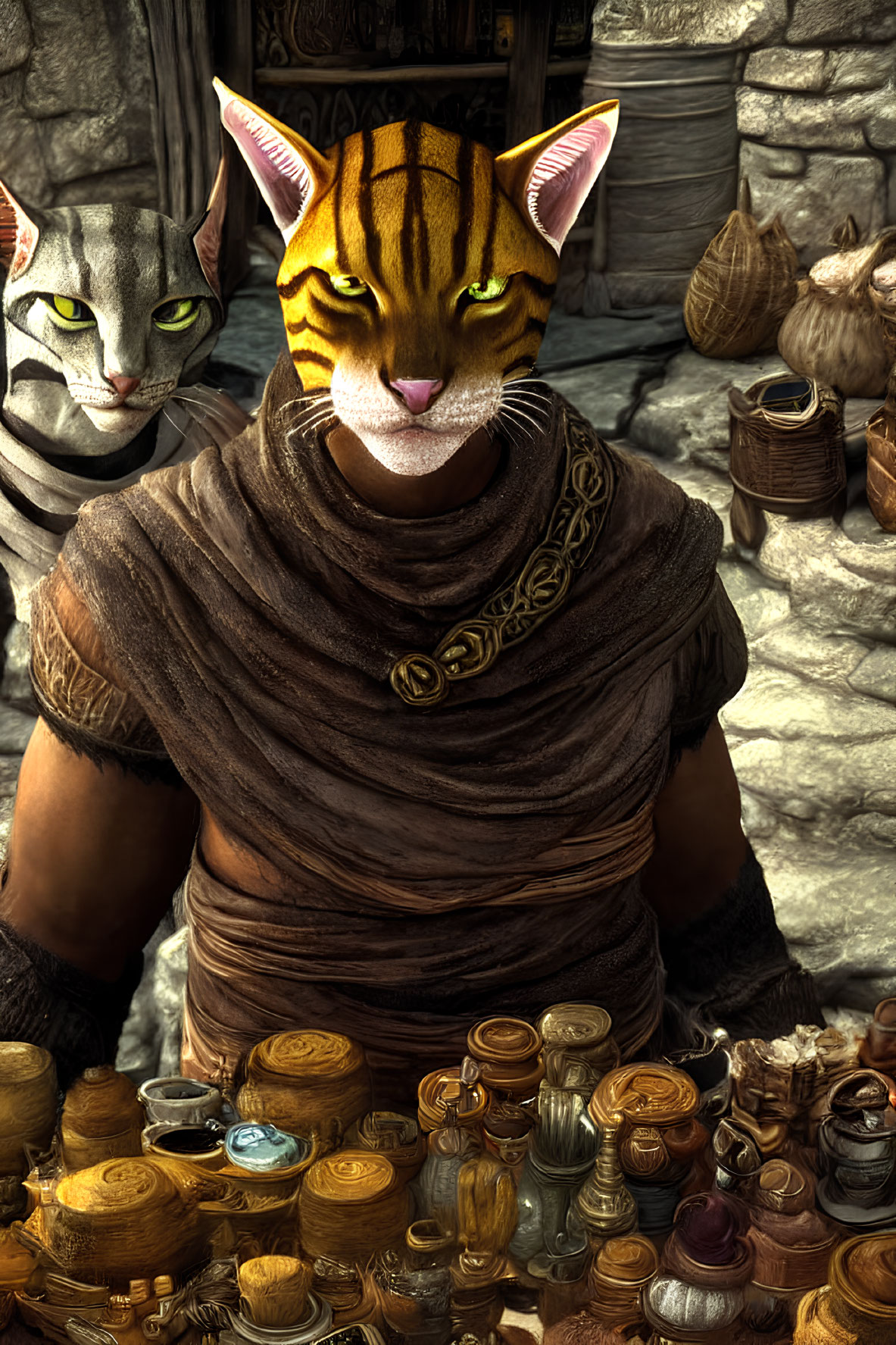 Digital artwork of humanoid with tiger head in brown robe at cluttered potion stall