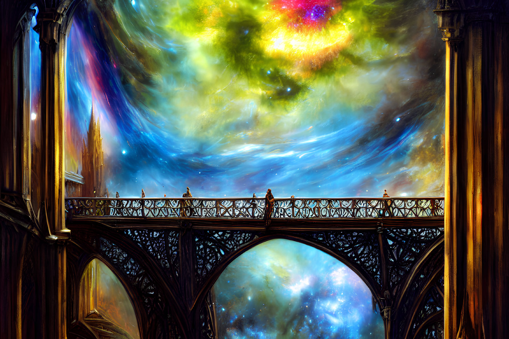 Ornate bridge in cathedral space under colorful nebula sky with figures.