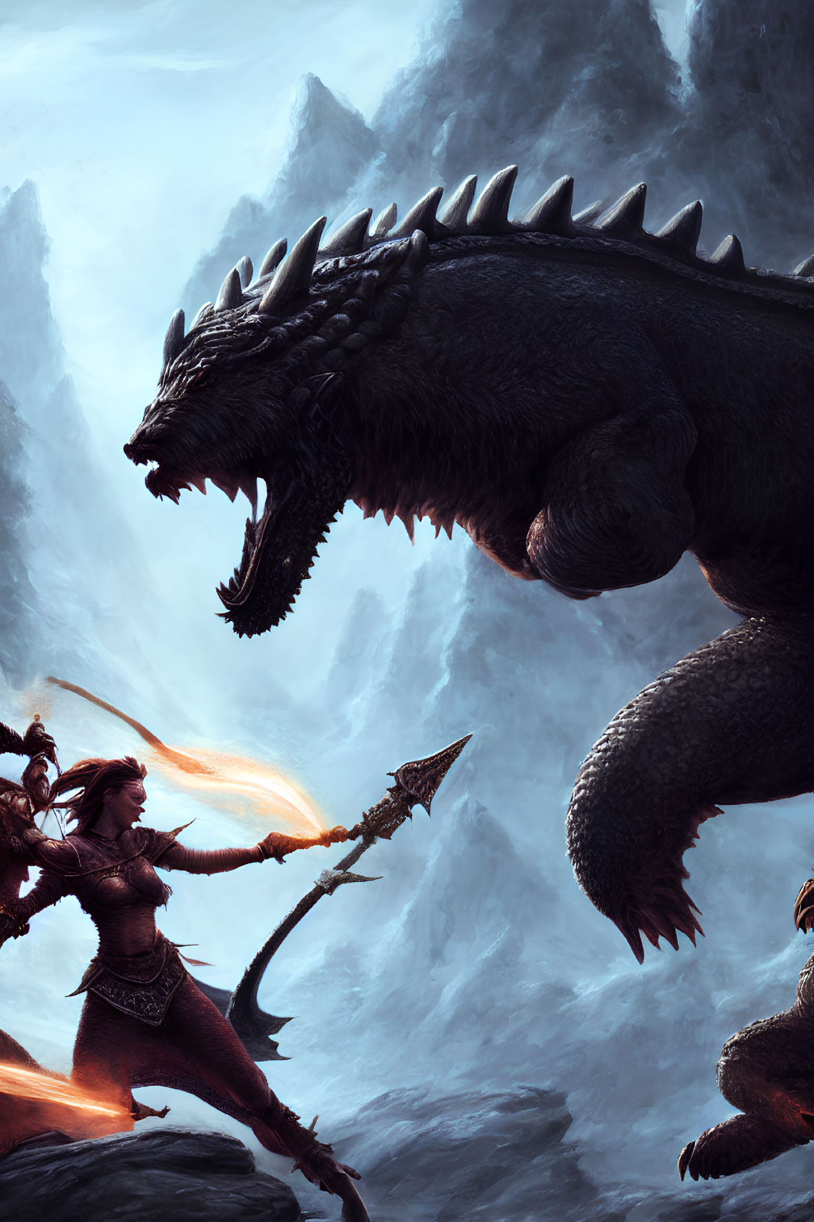 Warrior woman with spear confronts giant dragon in mountainous scene