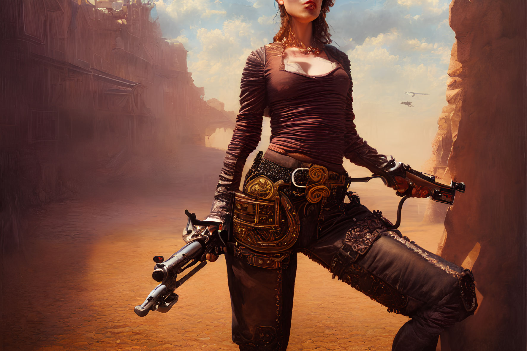 Steampunk woman in corset with pistols in desert landscape.