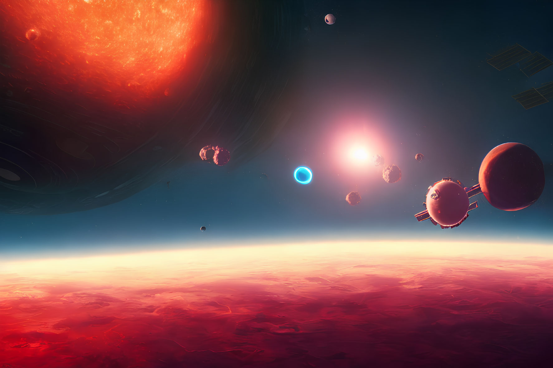 Colorful sci-fi space scene with red planet, celestial bodies, and bright sun in cosmic sky