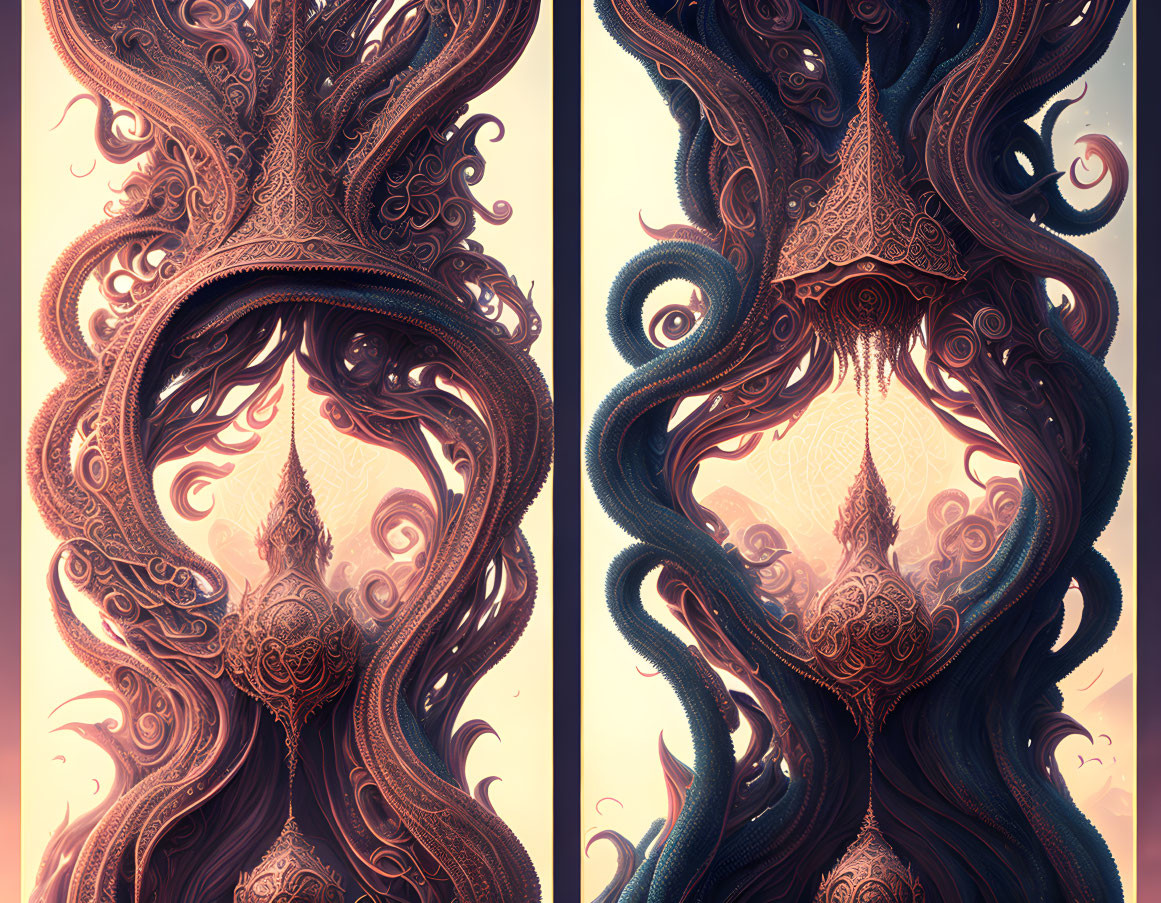 Intricate digital artwork: mirrored tendrils, warm tones, fantasy crown structure