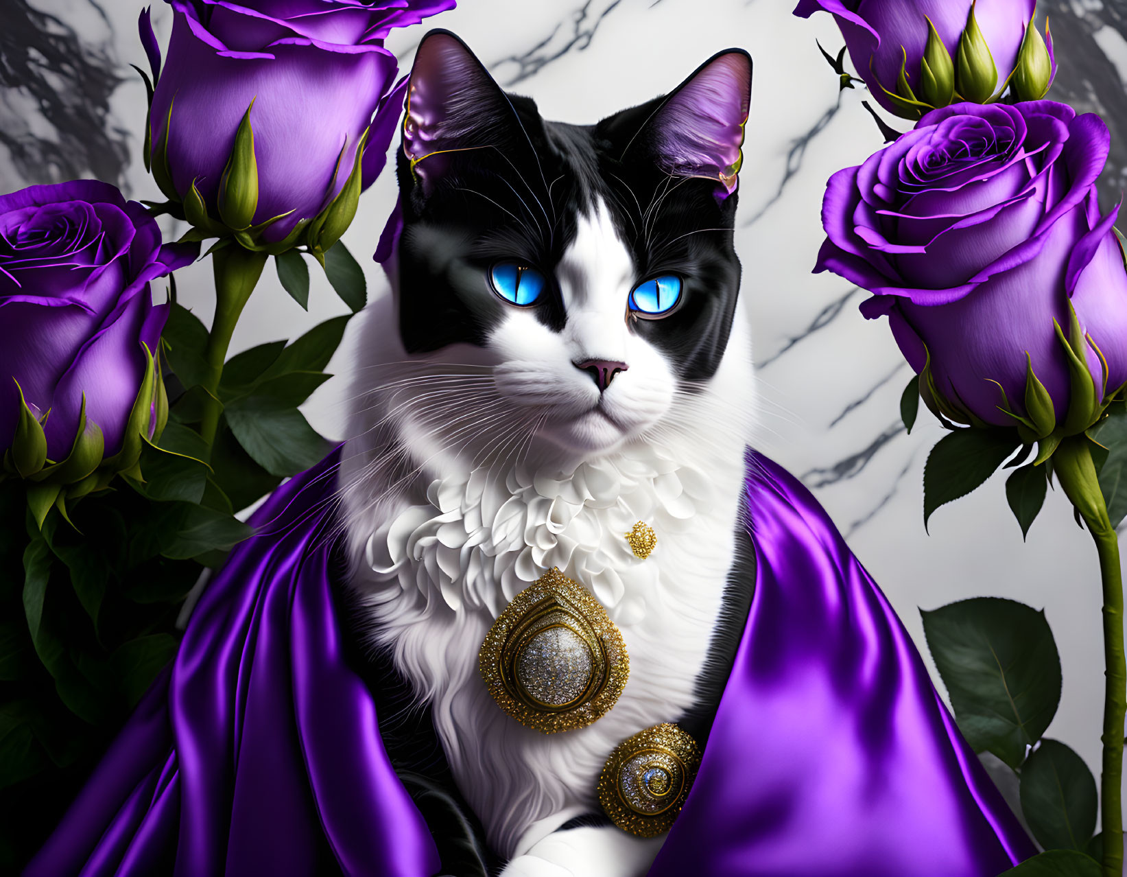 Regal Black and White Cat in Lavish Purple Cloak and Roses