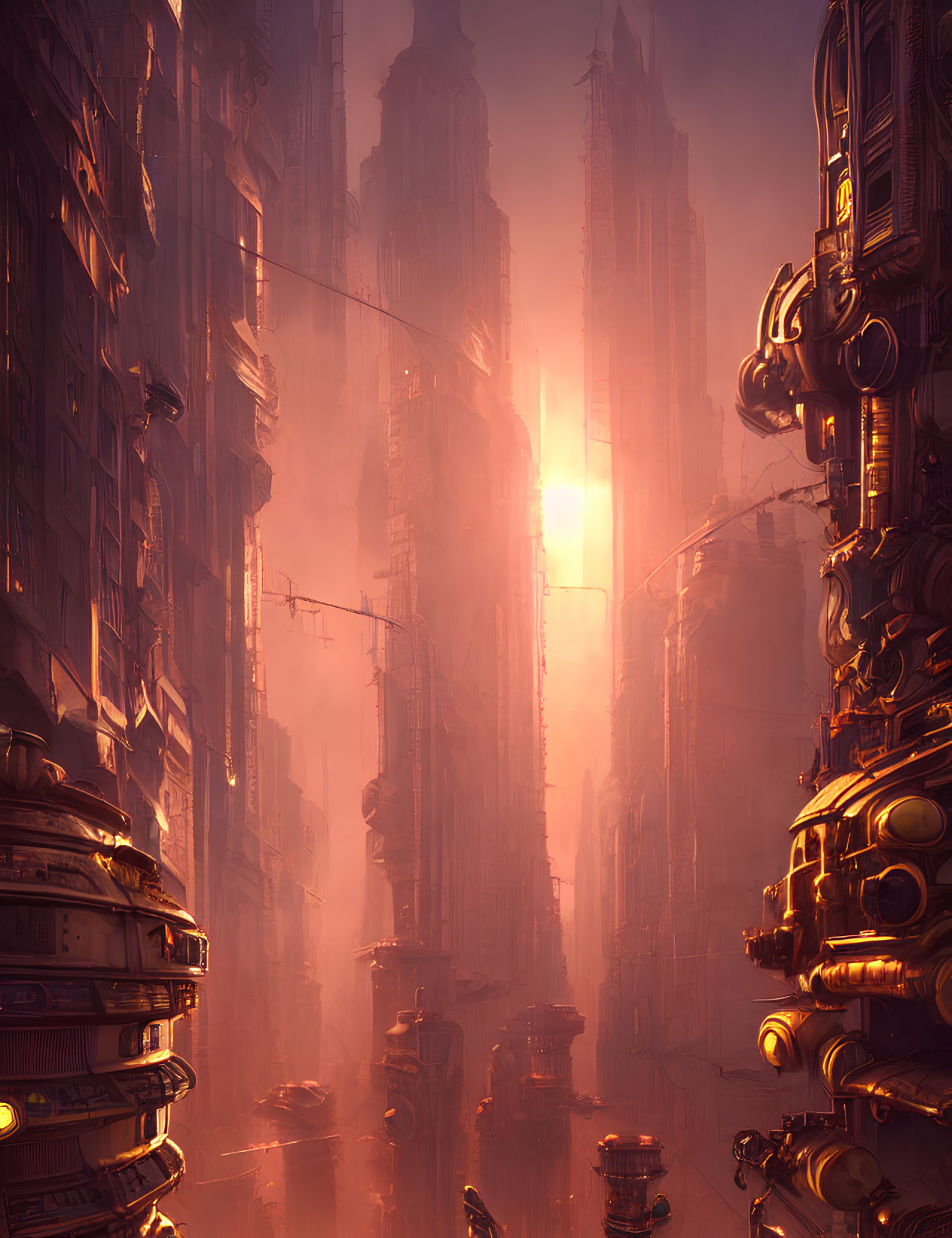 Futuristic cityscape at sunset with towering buildings and intricate machinery.