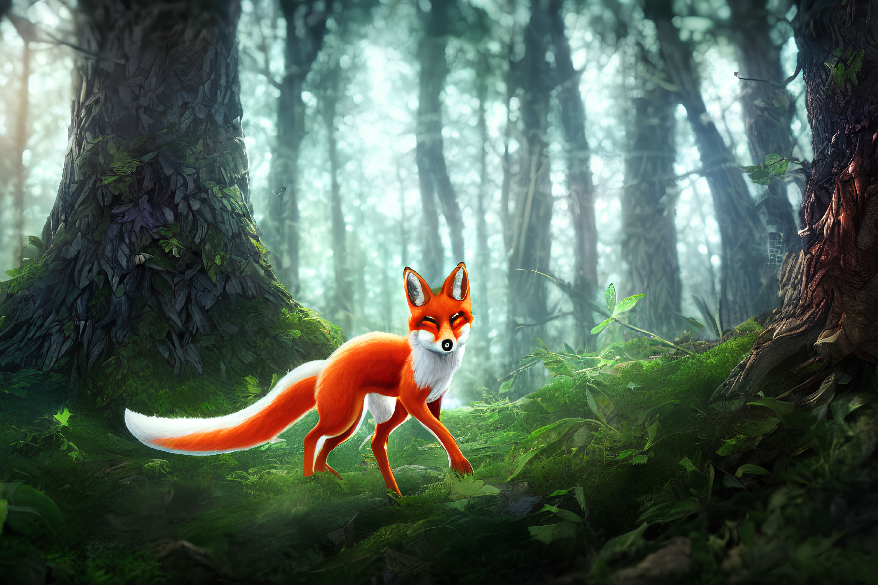 Red Fox in Sunlit Green Forest with Towering Trees