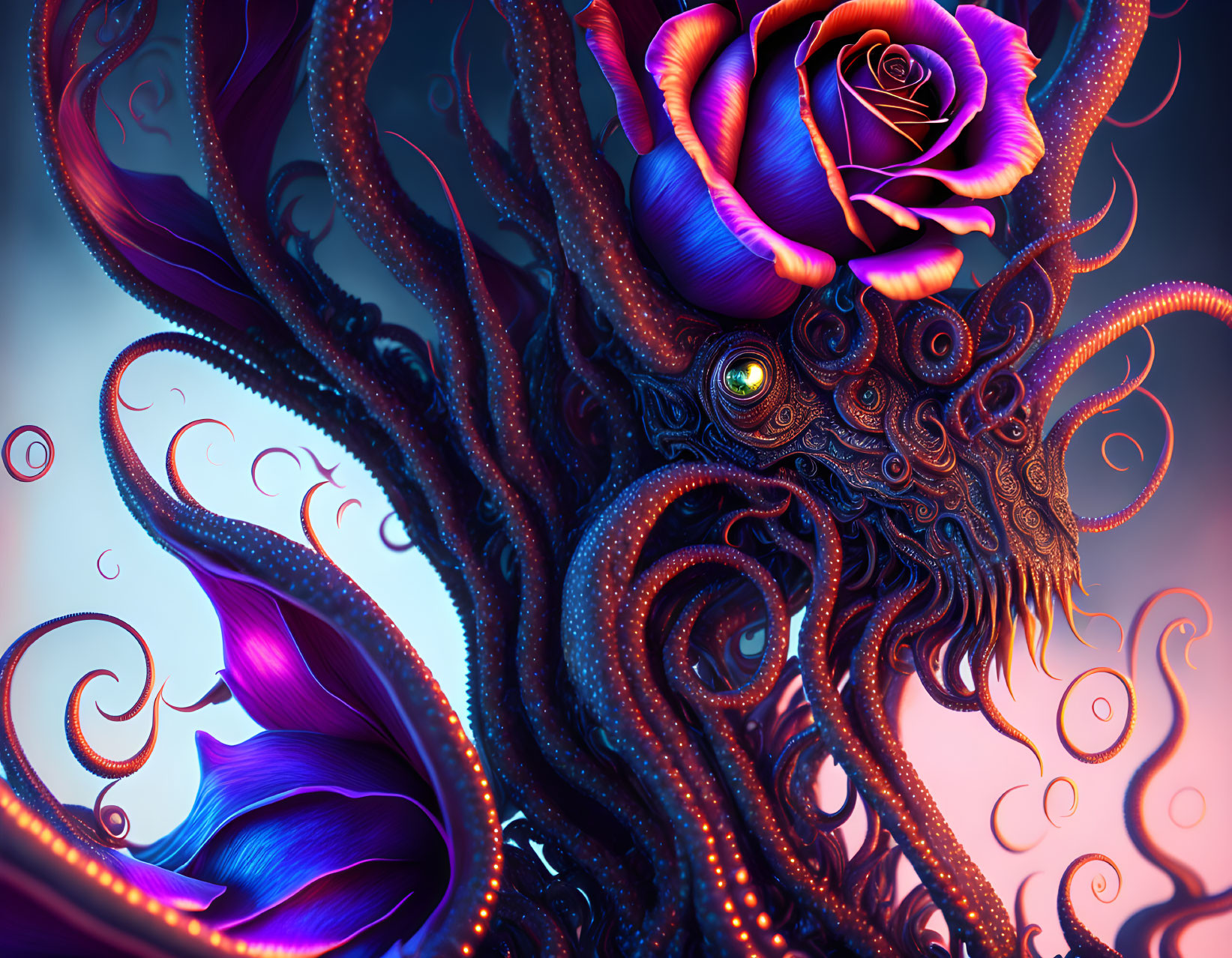 Colorful Surreal Octopus Artwork with Intricate Patterns and Rose-like Bloom