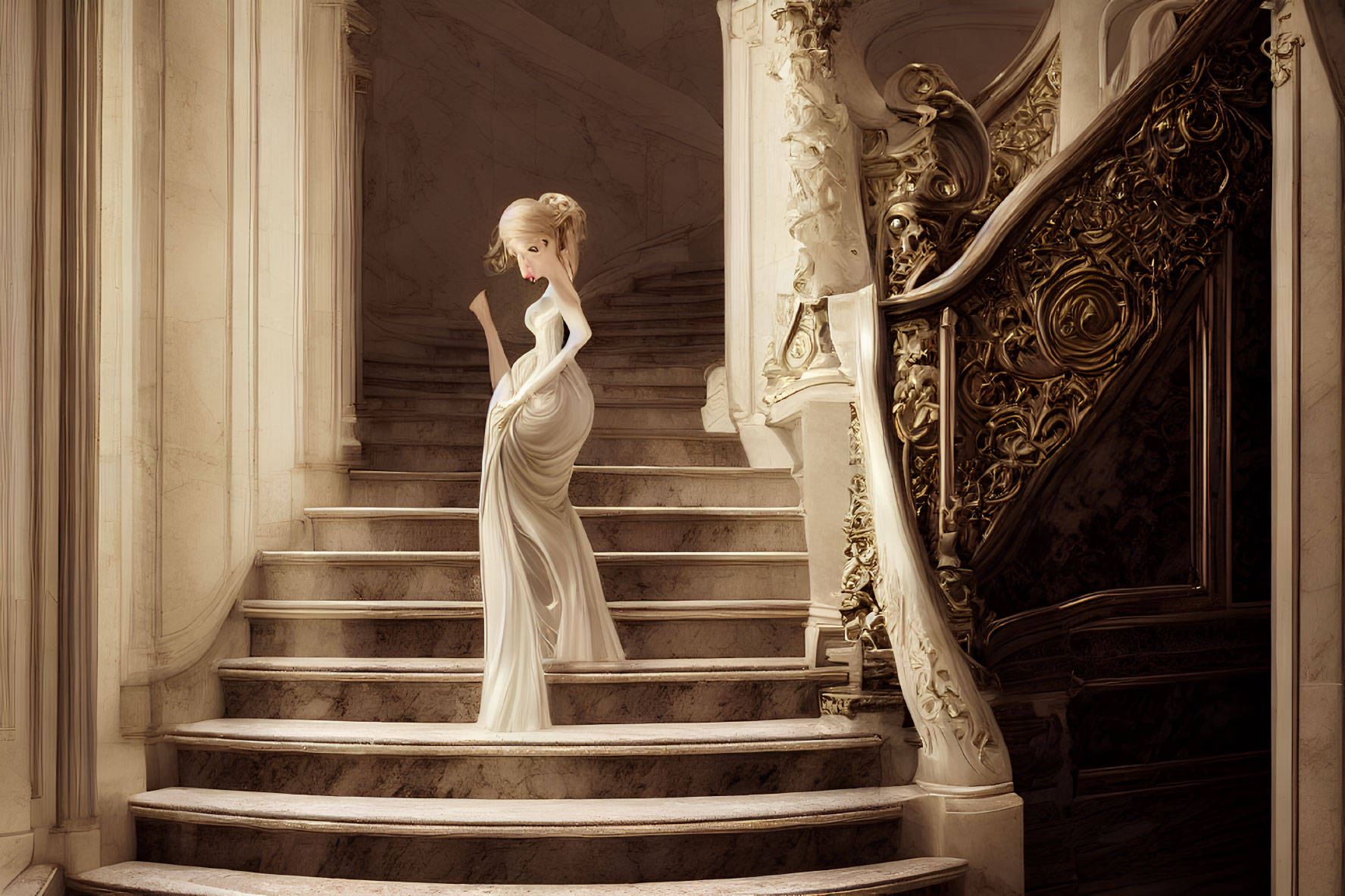 Graceful figure in white dress on ornate spiral staircase