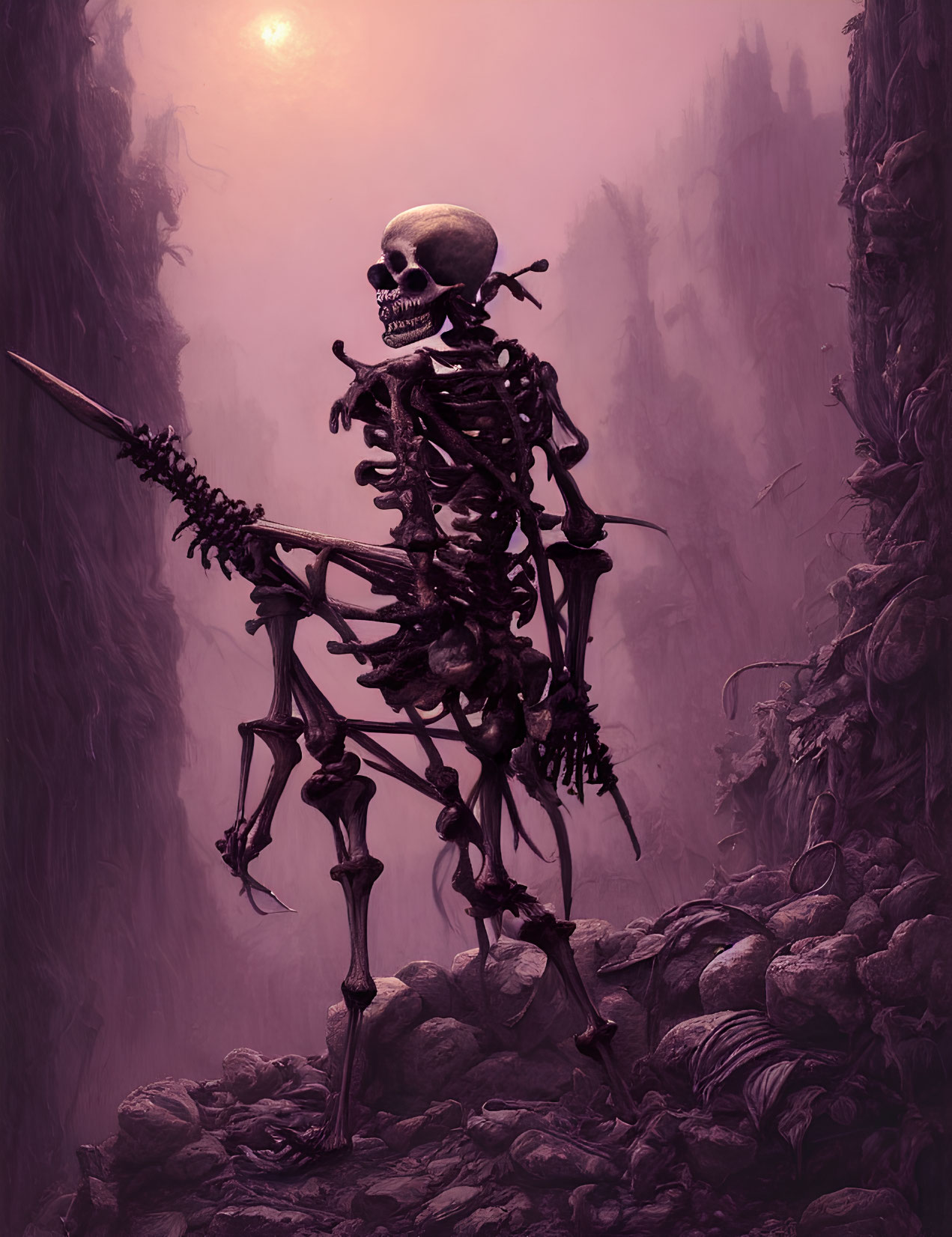 Towering Skeleton with Spear in Eerie Setting