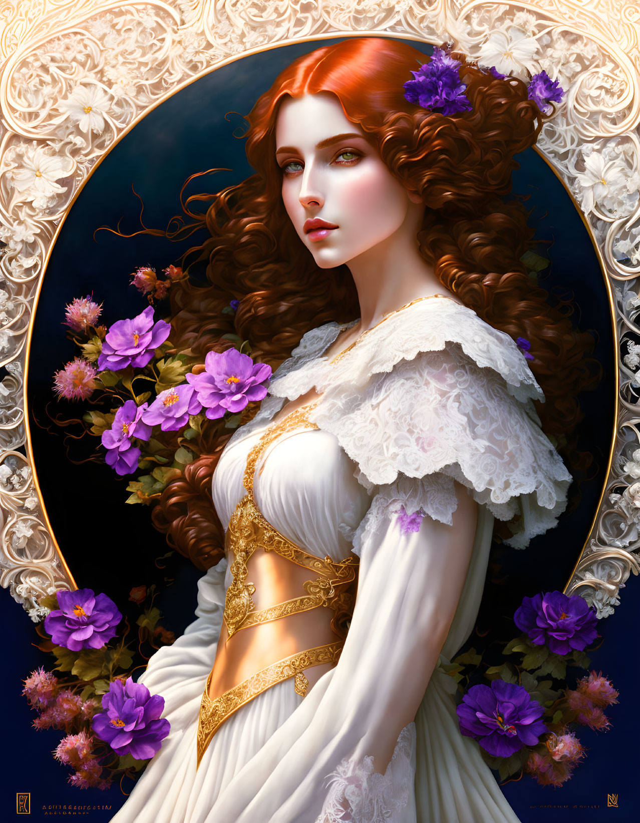 Brunette woman in white and gold dress with purple flowers and lace details.