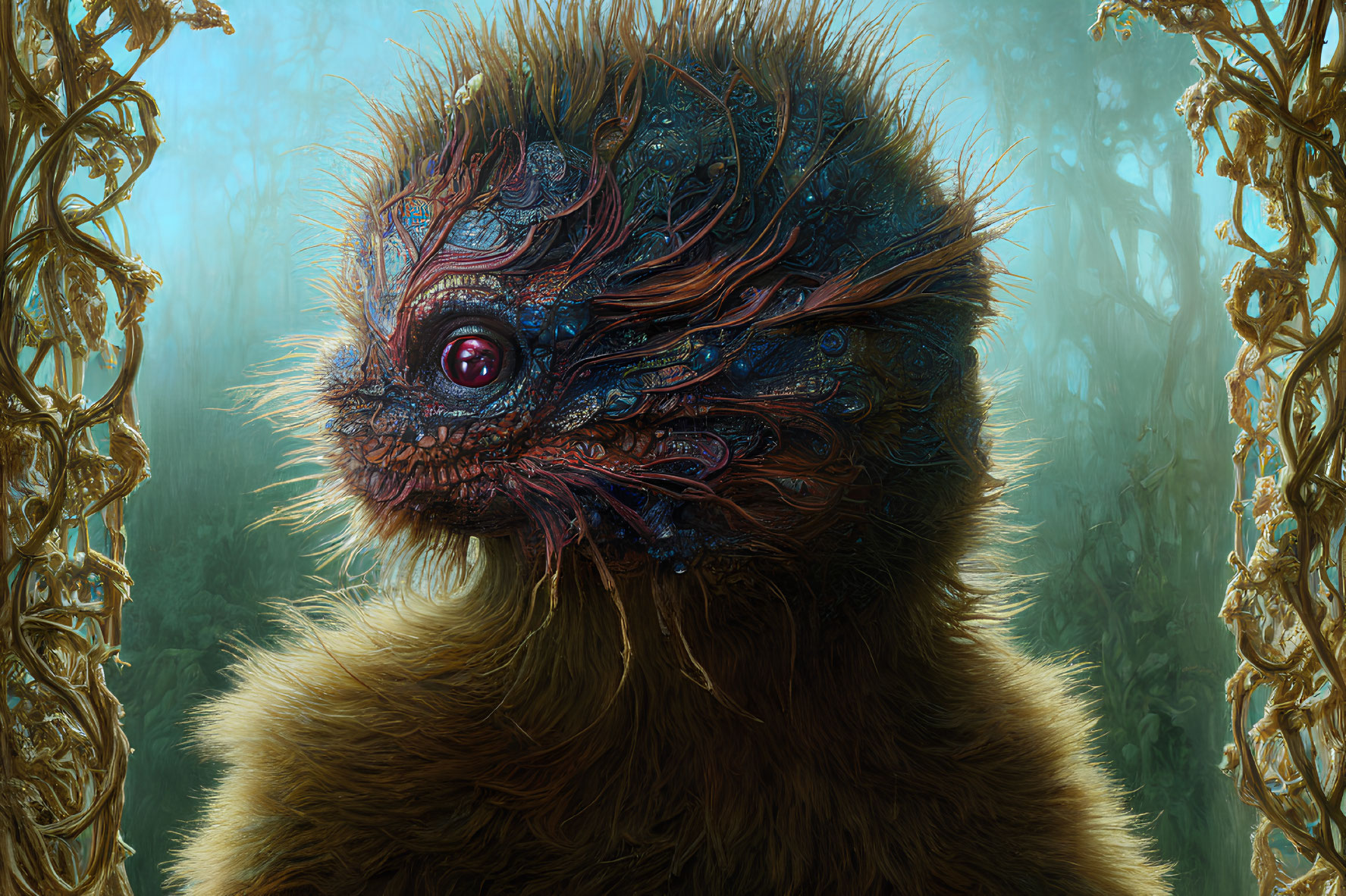 Furry fantastical creature with intricate alien-like face in mystical forest