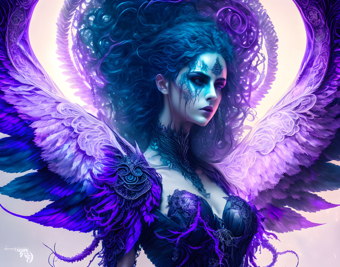 Fantasy image of female figure with dark hair, blue skin, purple wings, and mystical aura