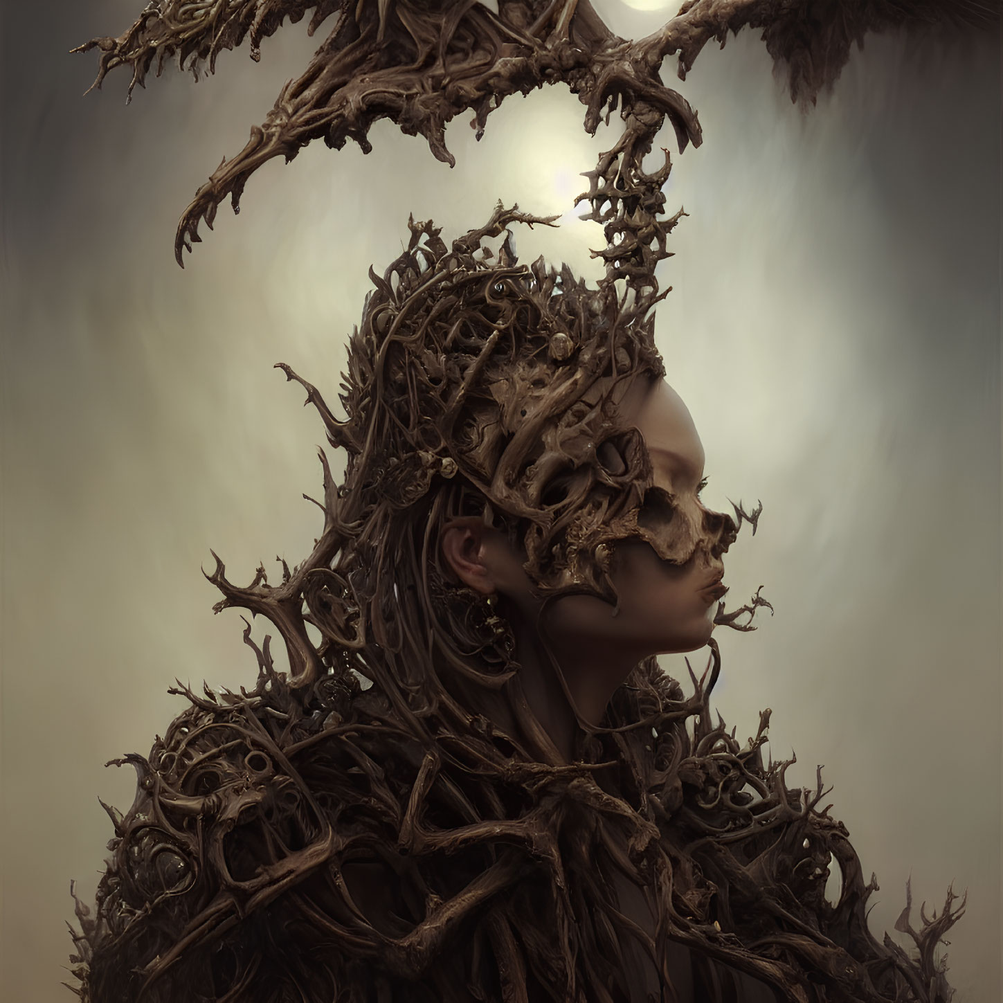 Surreal portrait of a person with skull half-mask and tree branch designs