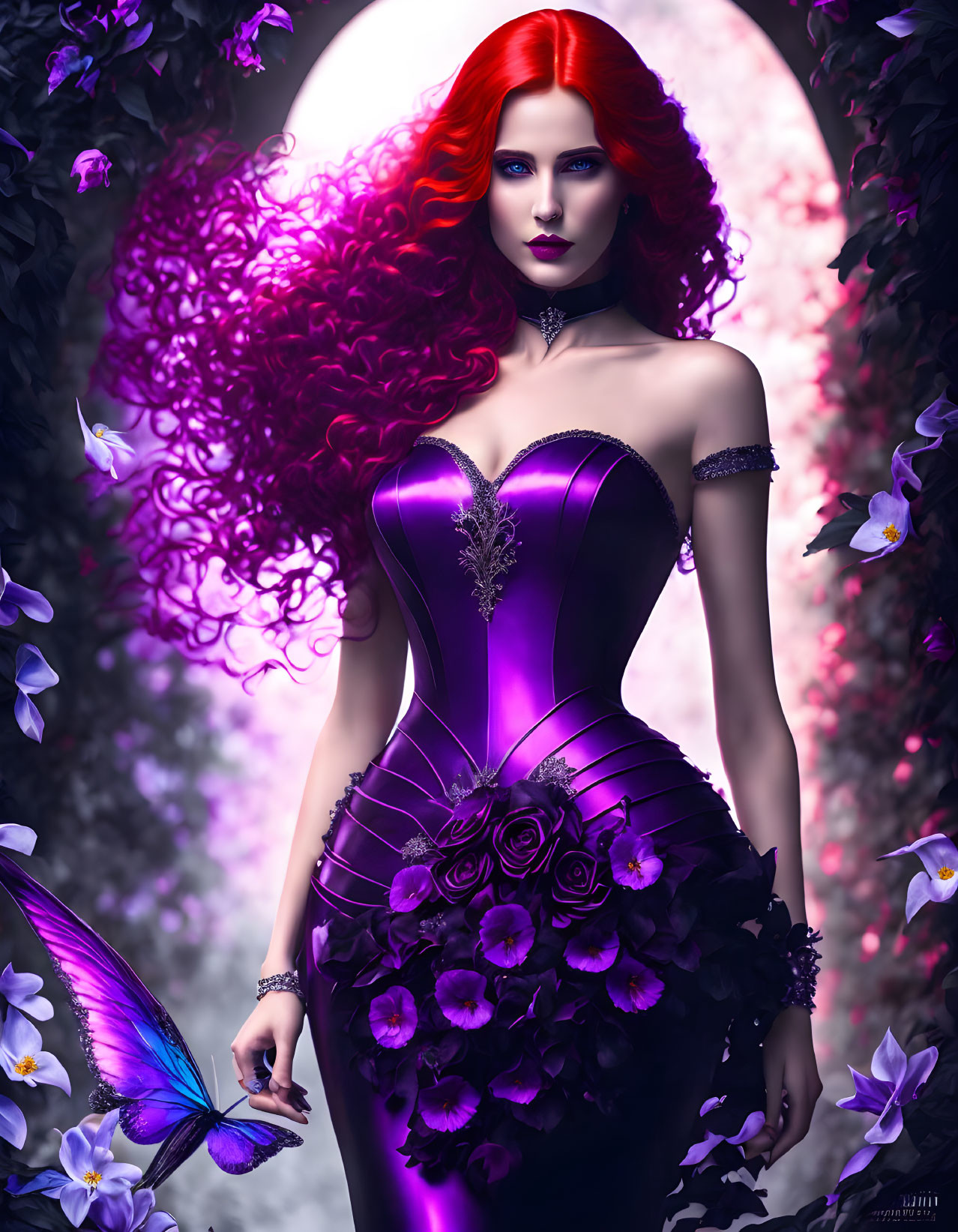 Vibrant red-haired woman in gothic purple corset dress with roses and butterflies in mystical floral