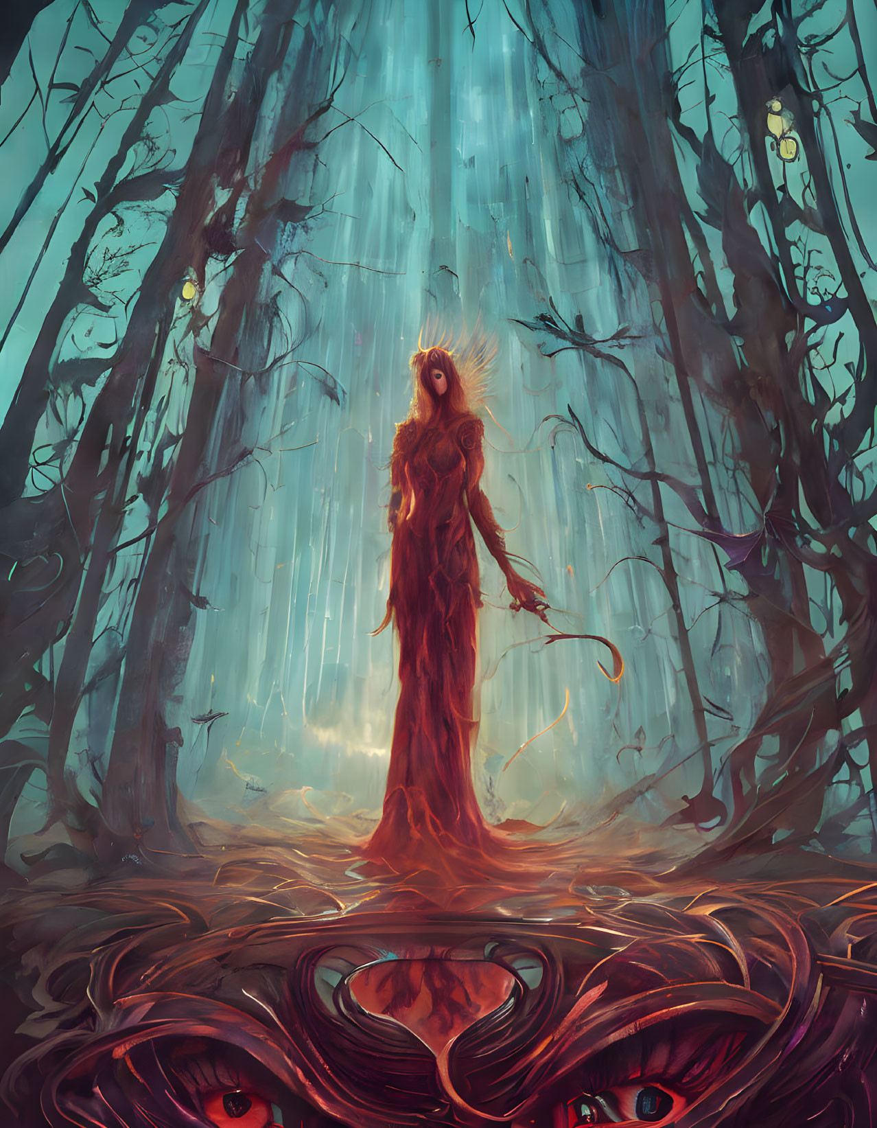 Mystical figure in haunted forest with ghostly lanterns and looming eyes