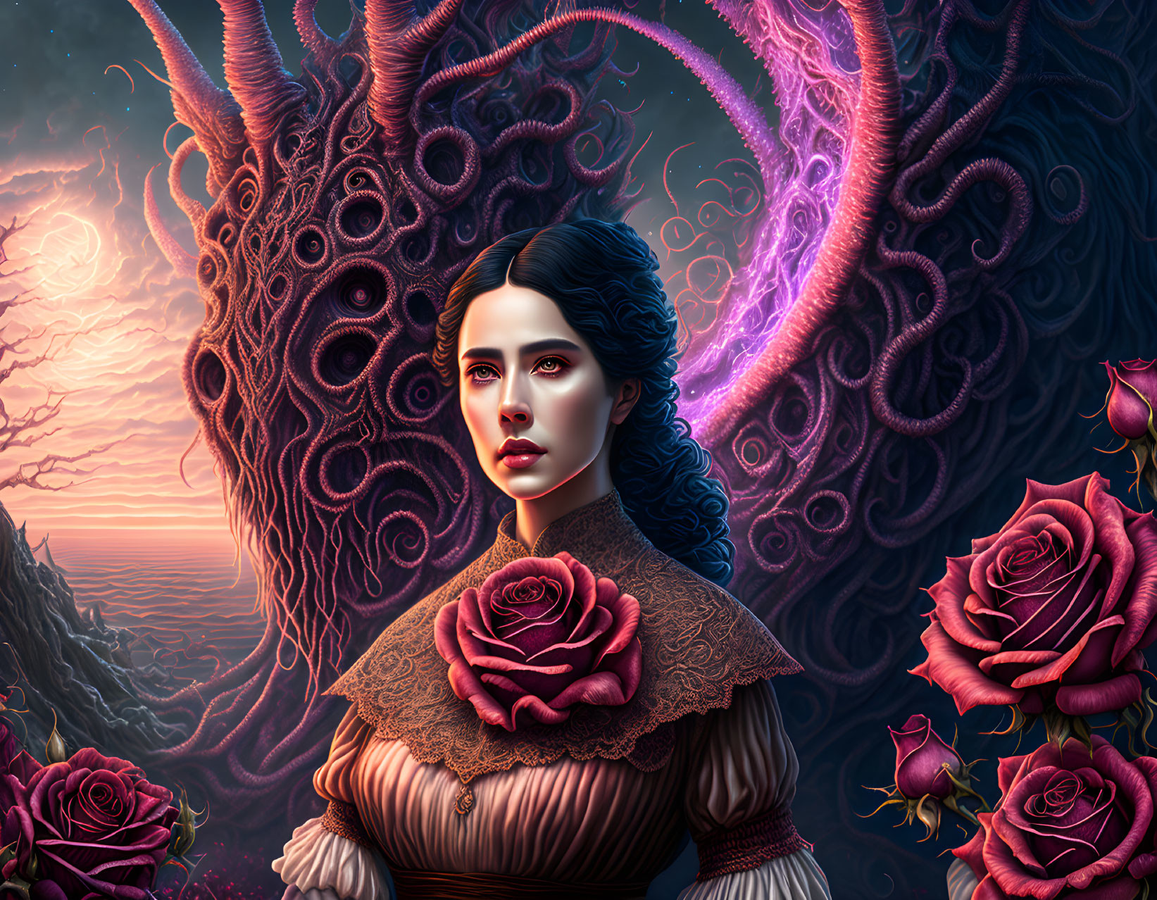 Dark-haired woman surrounded by vibrant roses and surreal tentacles in a purple sky