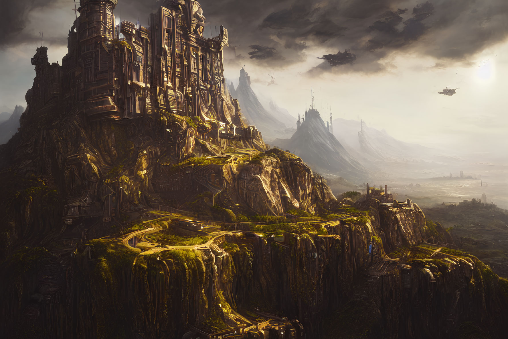 Majestic fantasy mountain castle with spires and towers in a vast landscape.