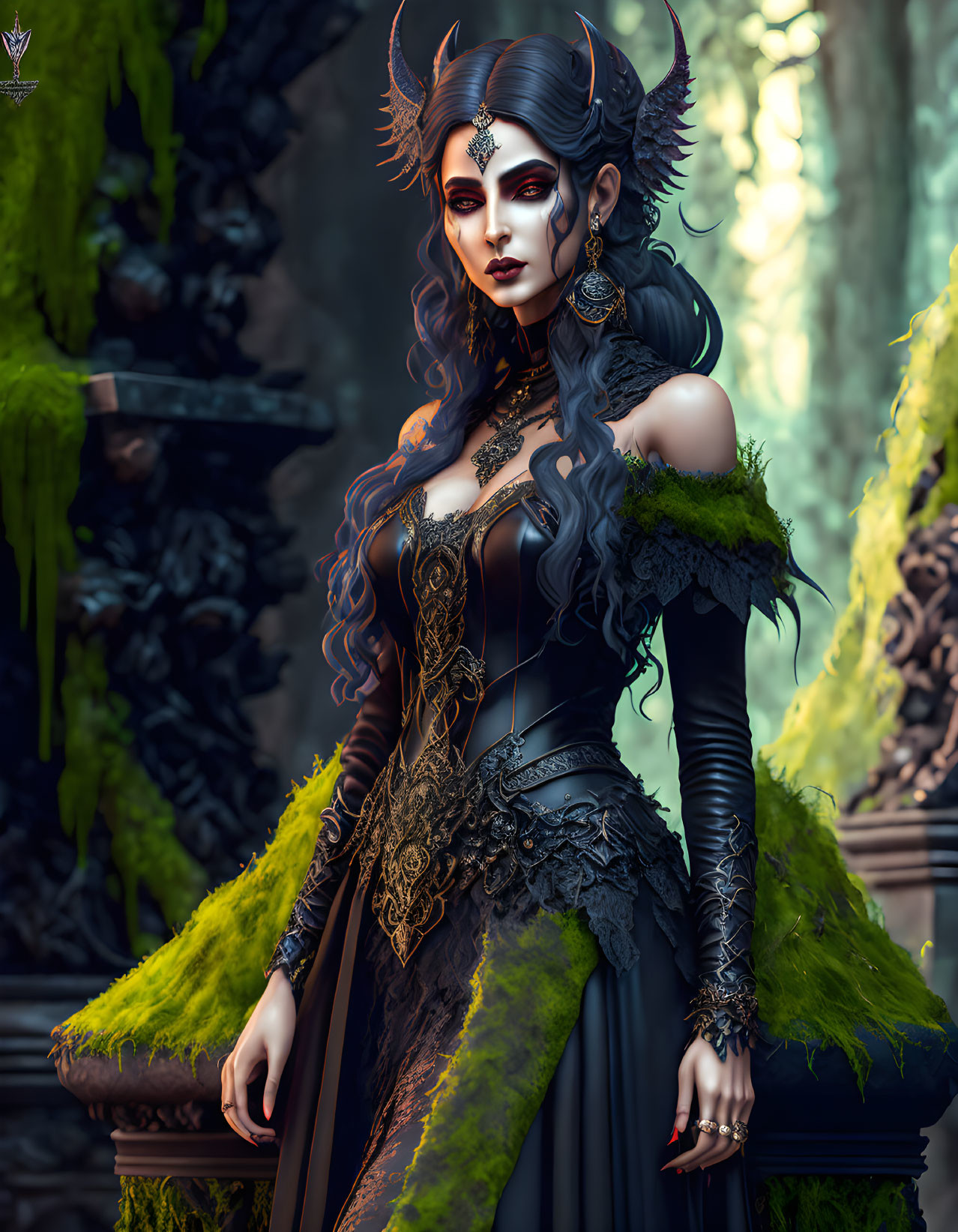 Fantasy character with horns and ornate dress in forest setting