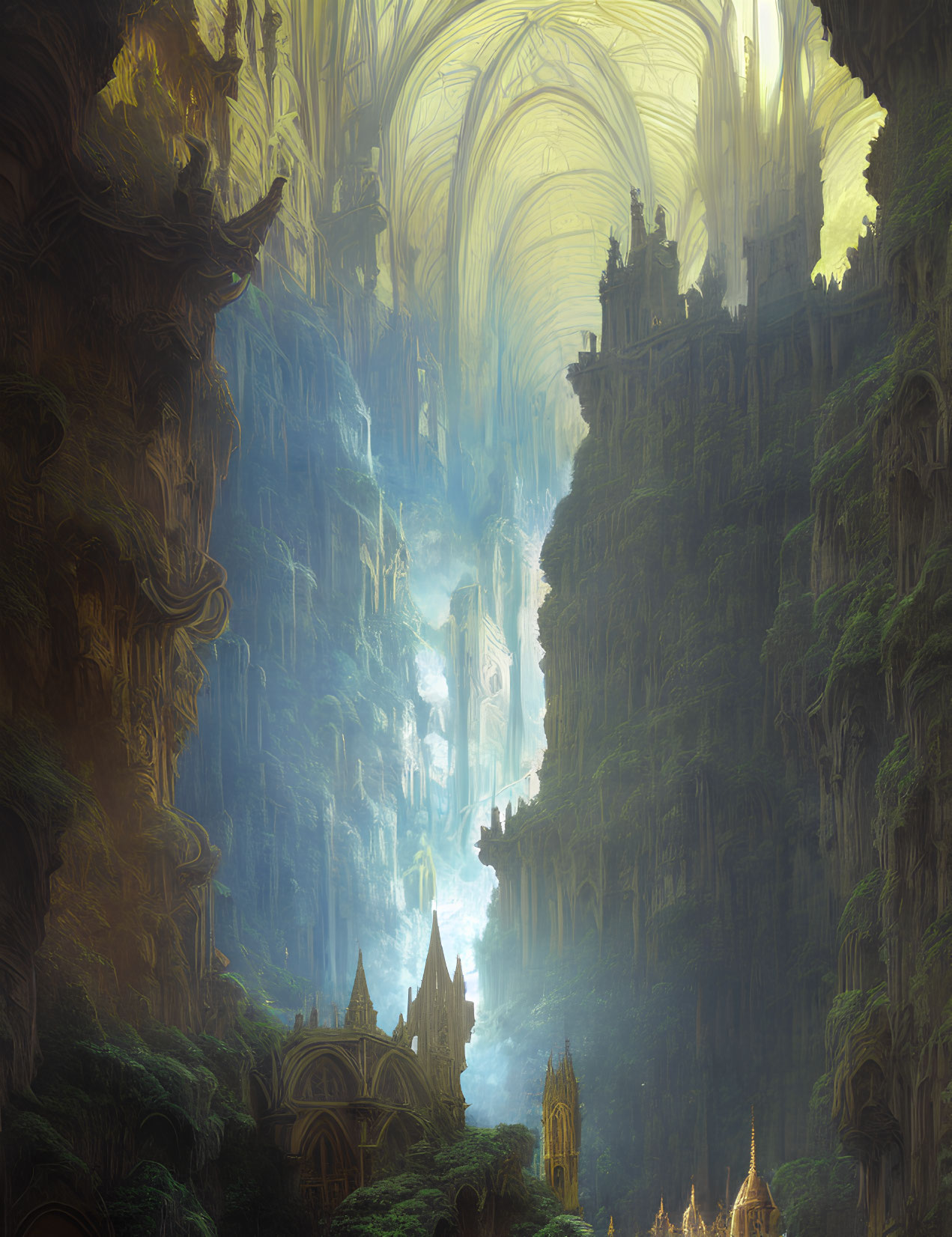 Ethereal fantasy landscape with towering cliffs and waterfalls