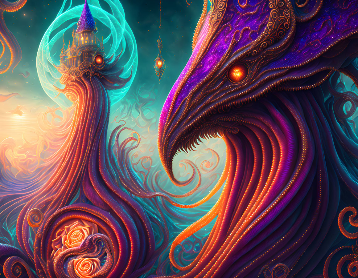 Majestic purple dragon and enchanted castle in vibrant fantasy scene