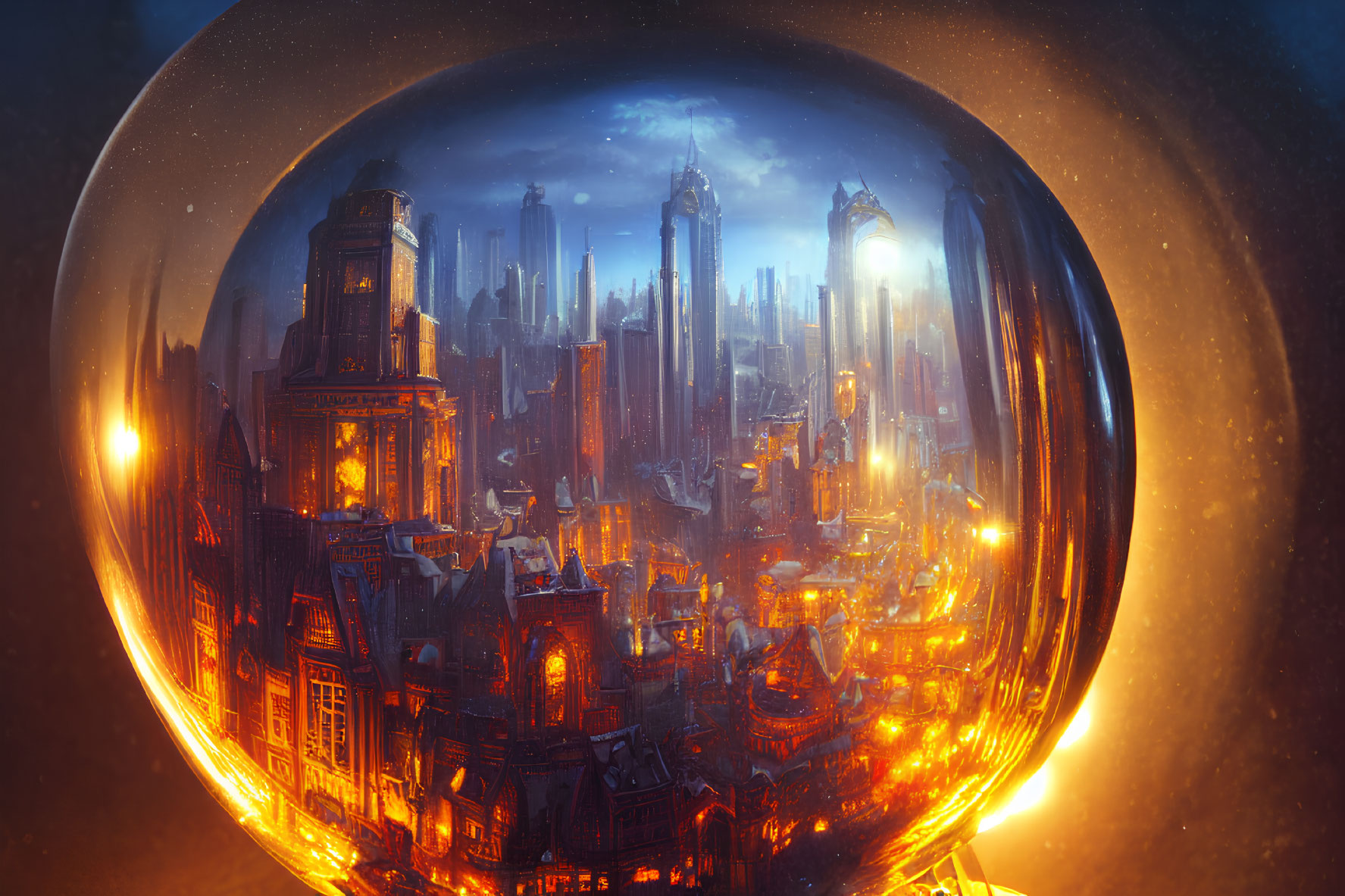 Futuristic cityscape in glowing transparent sphere: traditional vs modern buildings