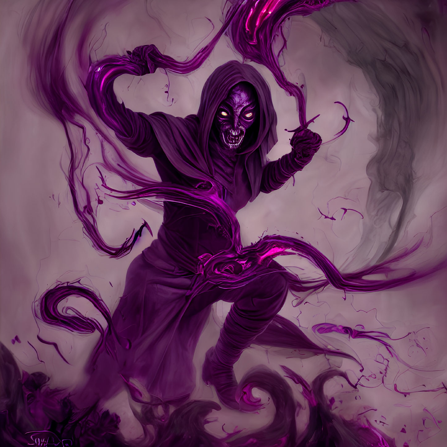 Menacing figure cloaked in purple with glowing eyes and spectral tendrils.