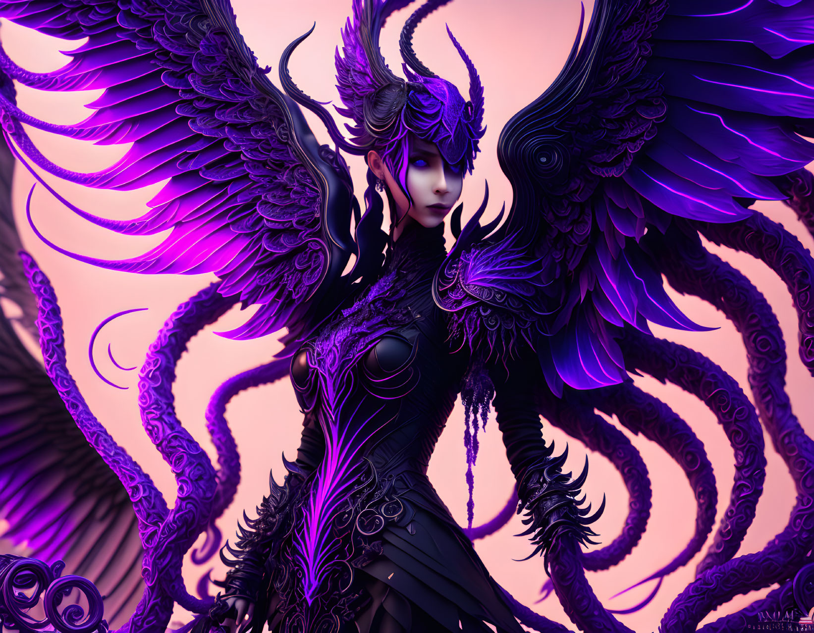 Intricate dark purple armor character with wings on purple backdrop