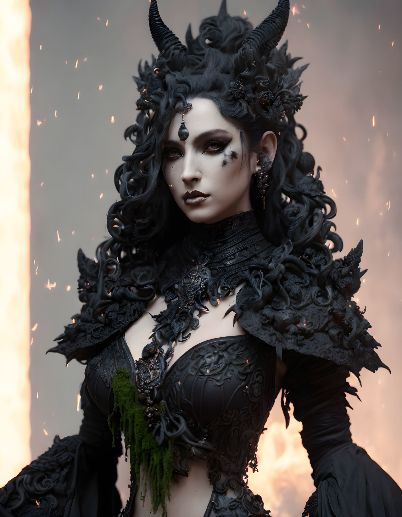 Elaborate dark fantasy costume with horns and gothic attire against fiery backdrop