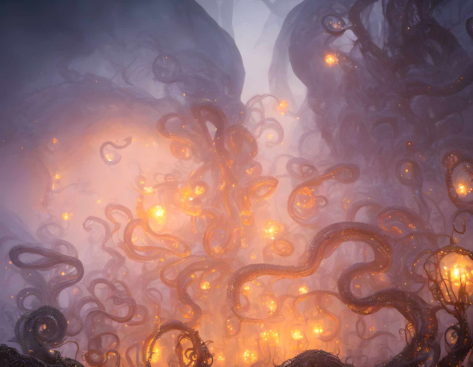 Ethereal landscape with glowing, orange-eyed tentacles in mystical scene