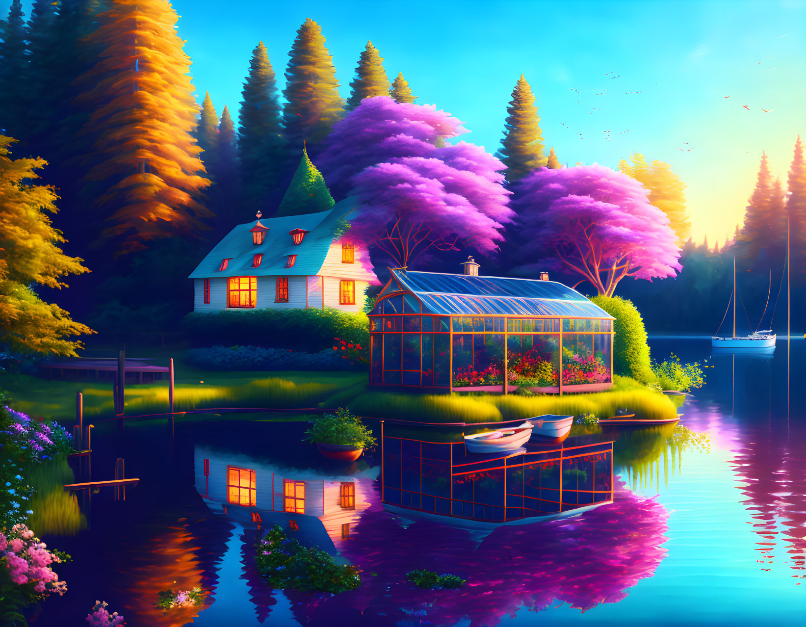 Colorful lakeside scene with house, greenery, glasshouse, boat at sunset