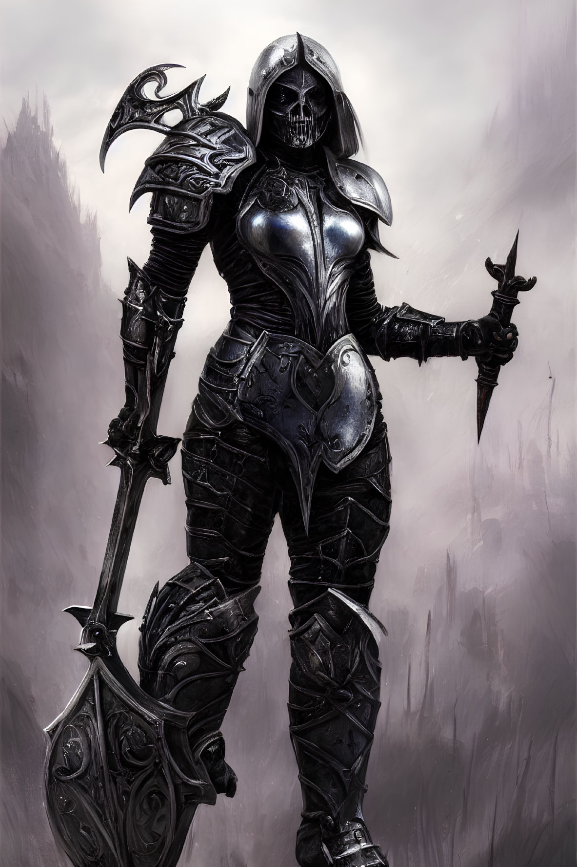 Dark ornate armor, skull helmet, battle-axe: Menacing figure in misty setting