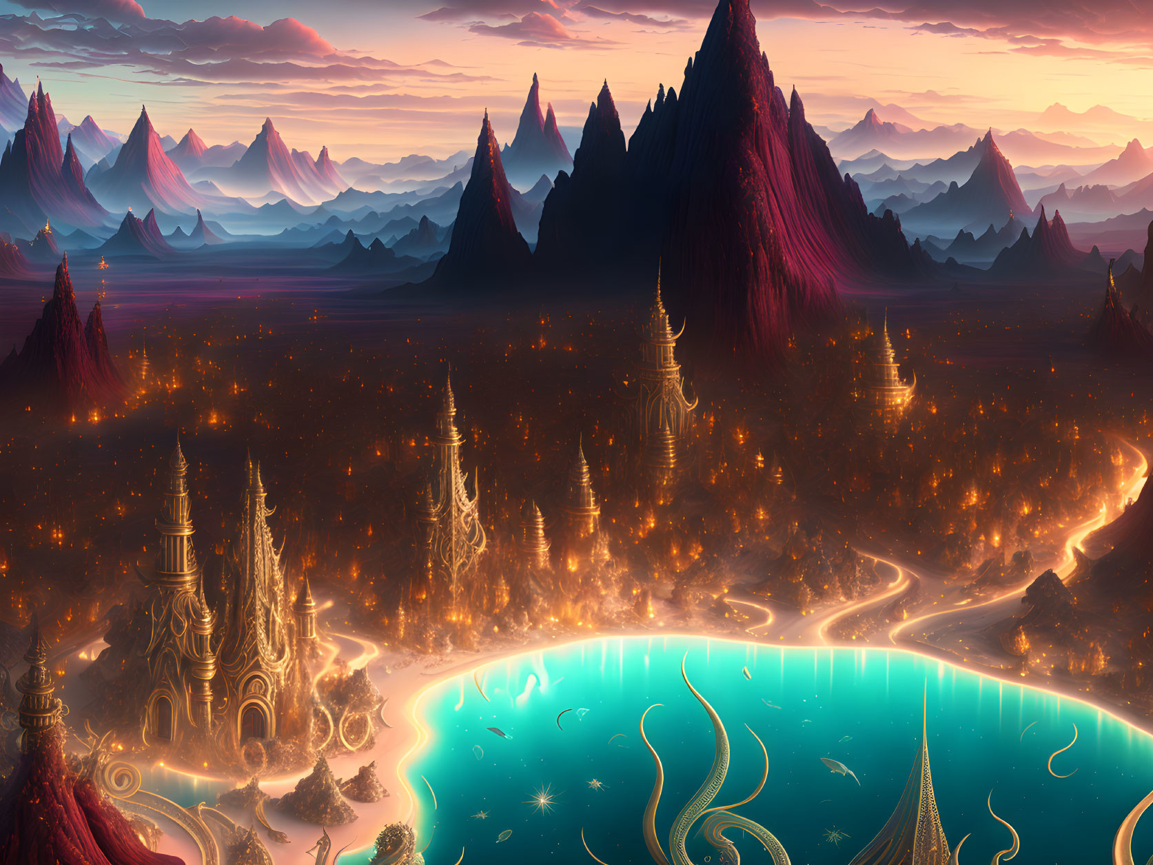 Fantastical landscape with glowing structures, luminous lake, winding paths, and purple mountains at sunset