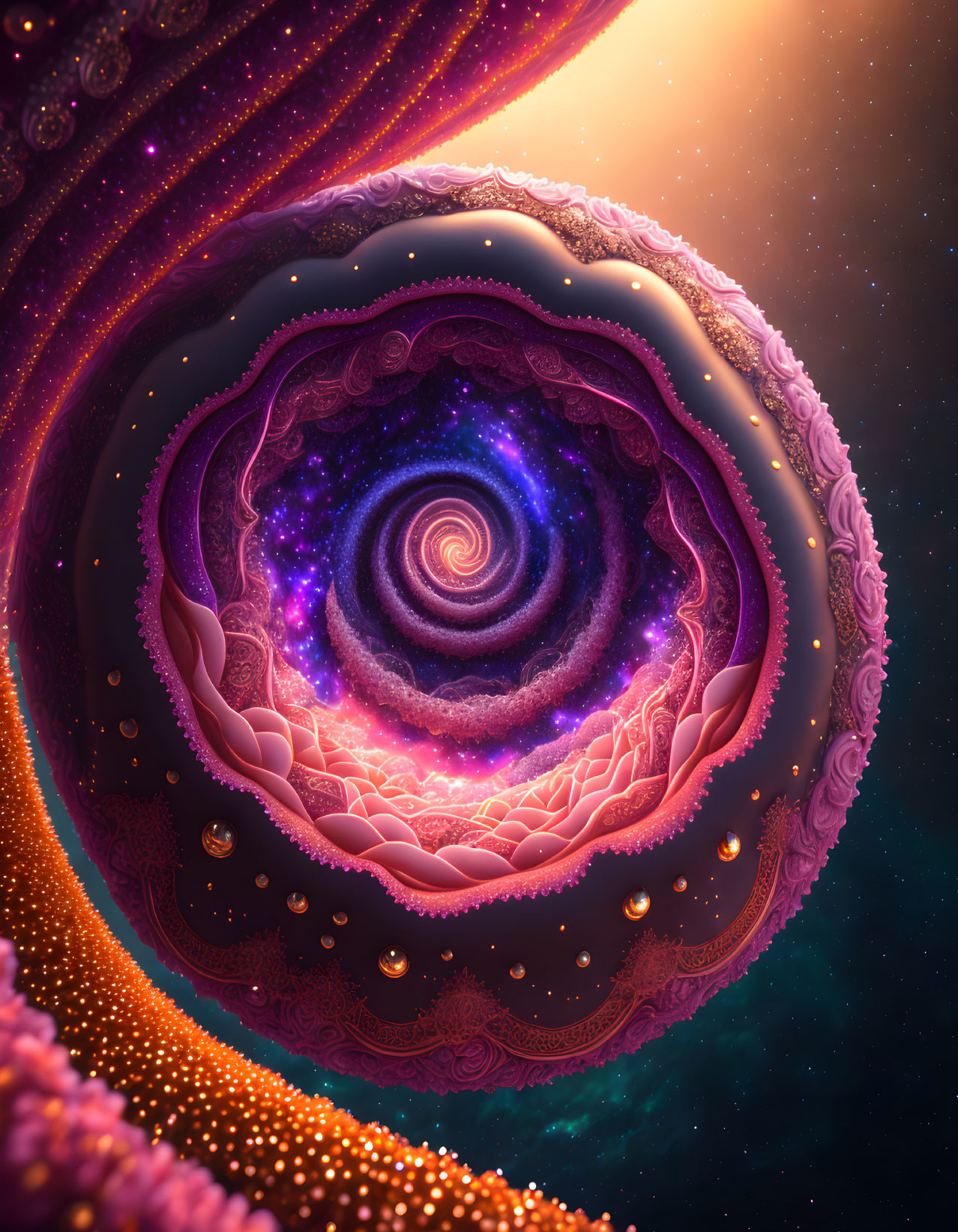 Colorful Fractal Spiral with Galaxy in Starry Space