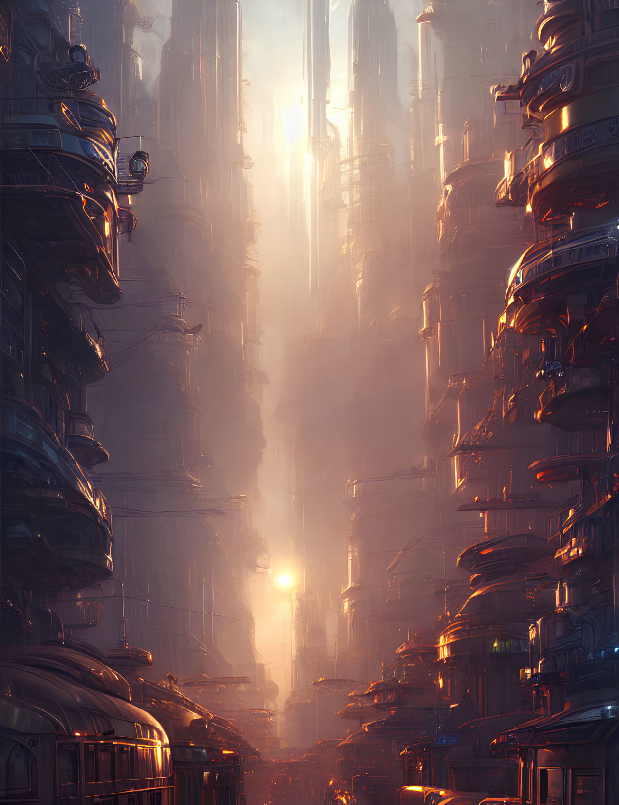 Futuristic cityscape with towering buildings and flying vehicles at sunrise or sunset