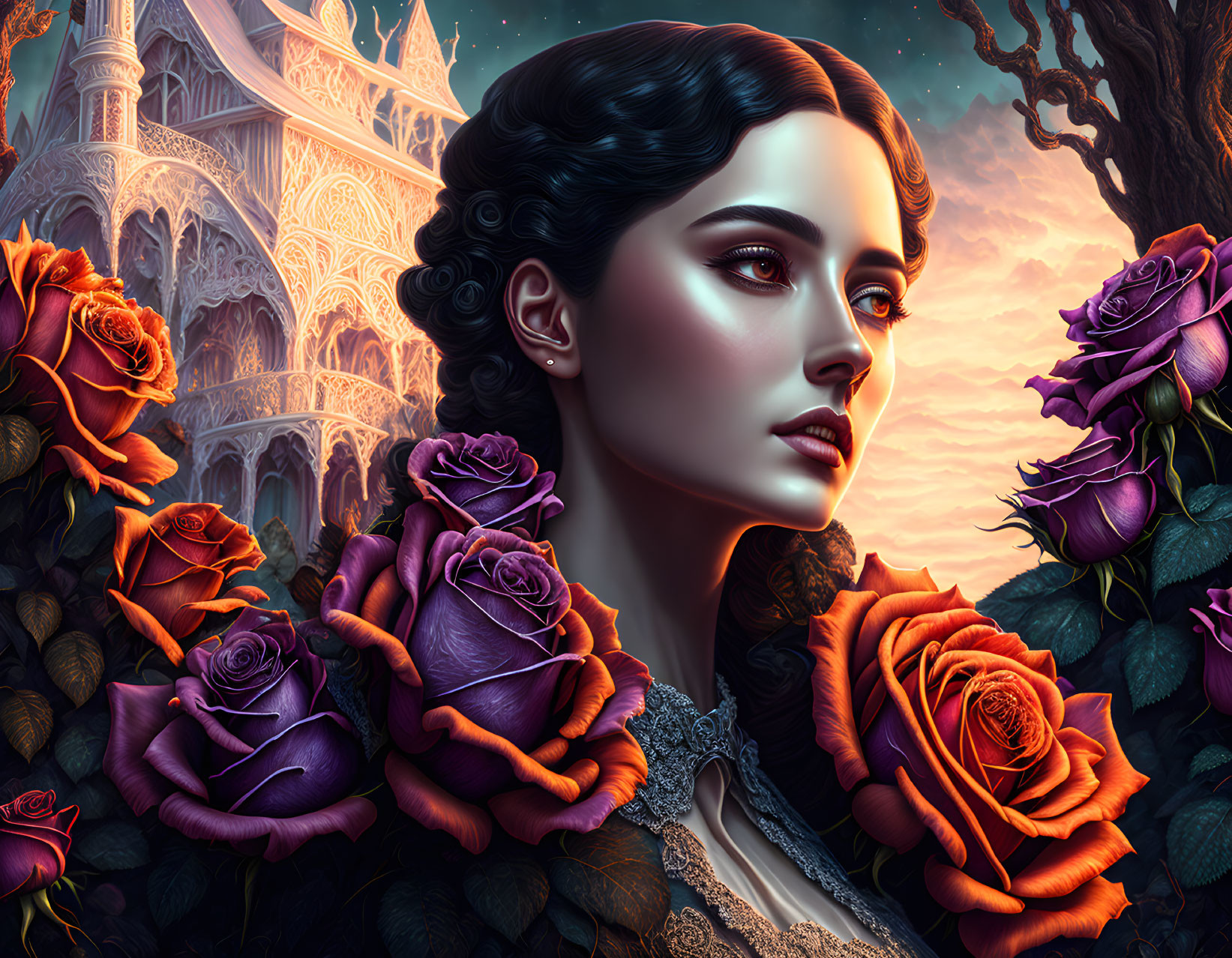 Digital Art: Woman with Dark Hair Among Vibrant Roses and Gothic Cathedral