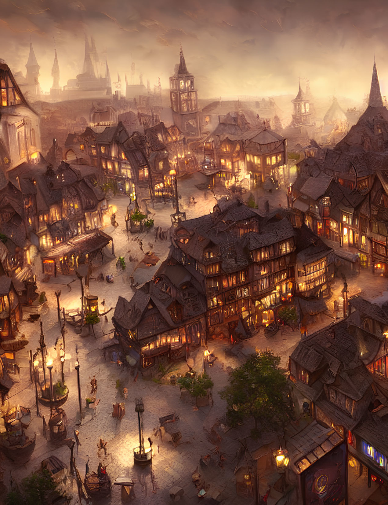 Medieval village at dusk with glowing lanterns and timber-framed houses