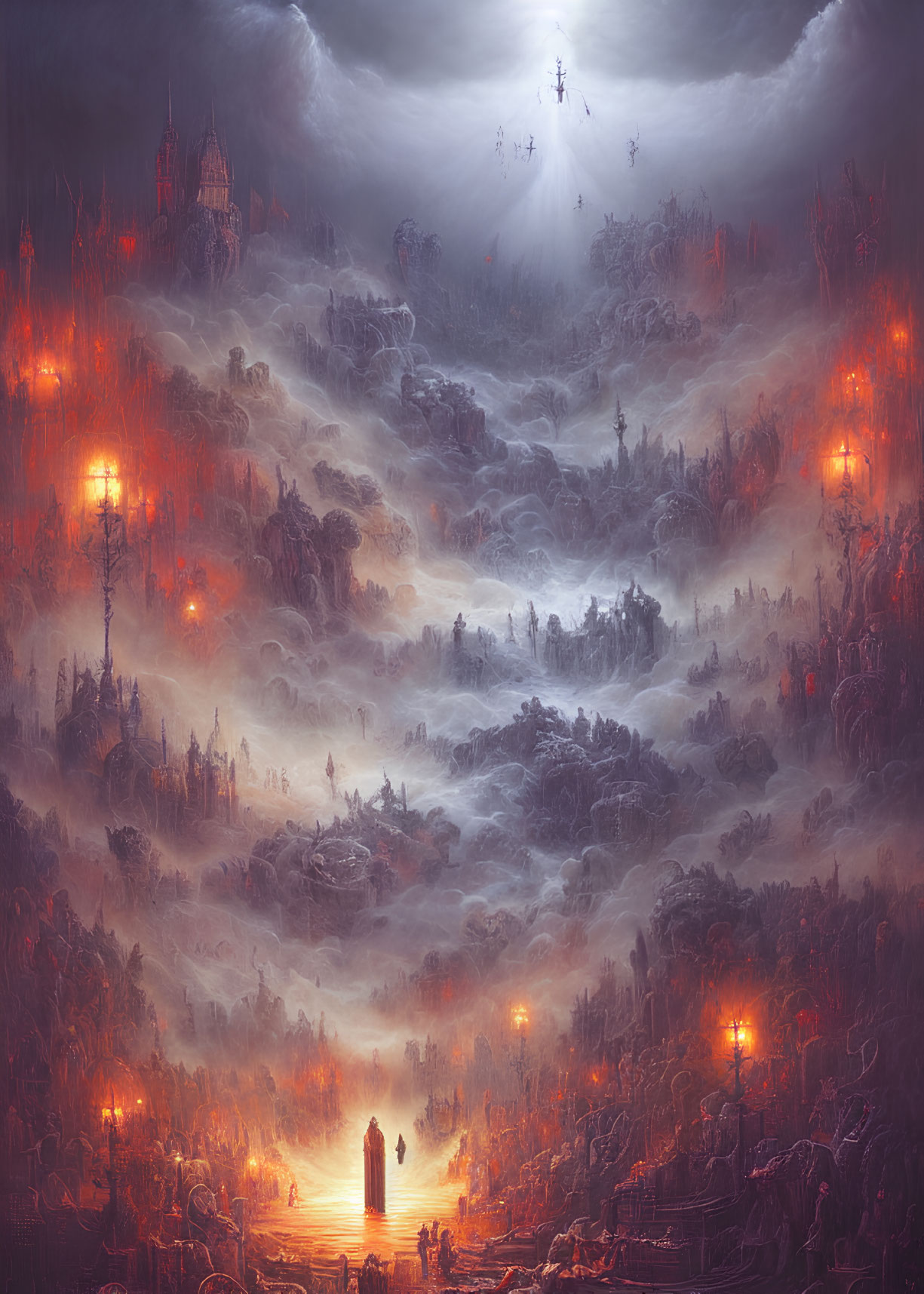 Misty valley with fiery torches, floating figures, and castle in the distance