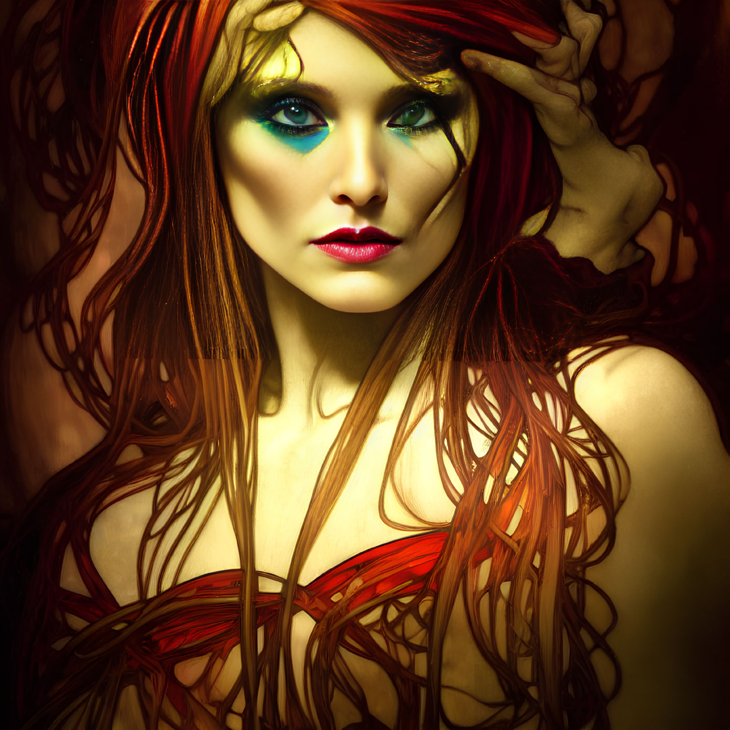 Vibrant red hair woman with bold blue and red makeup in artistic pose